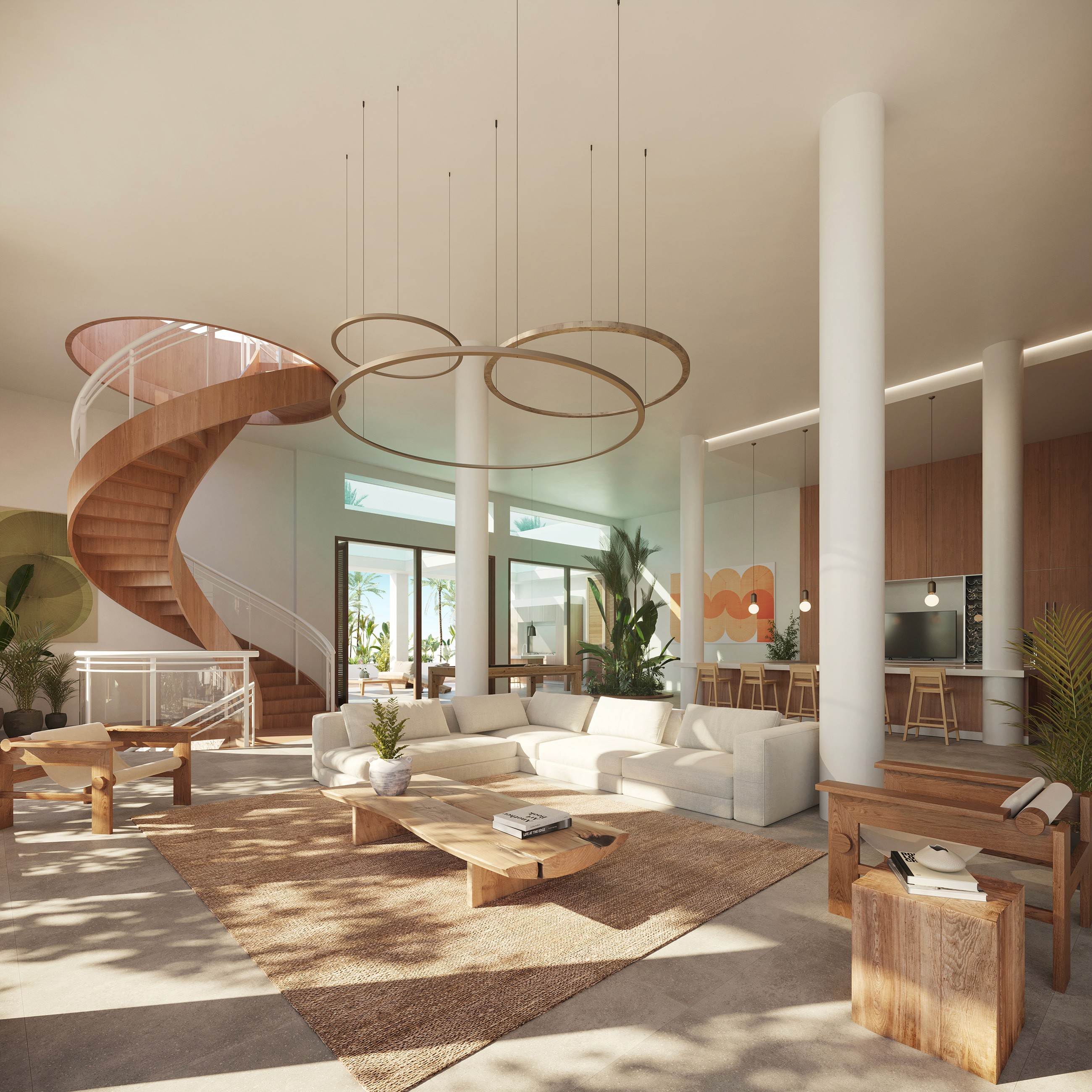Rendered view of the interior of the main villa, the large salon with central staircase and kitchen