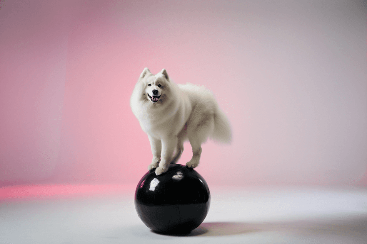 white dog standing on black boll