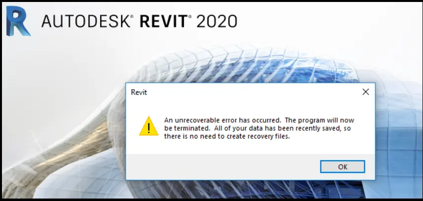 An unrecoverable error has occurred - Revit will be terminated, image