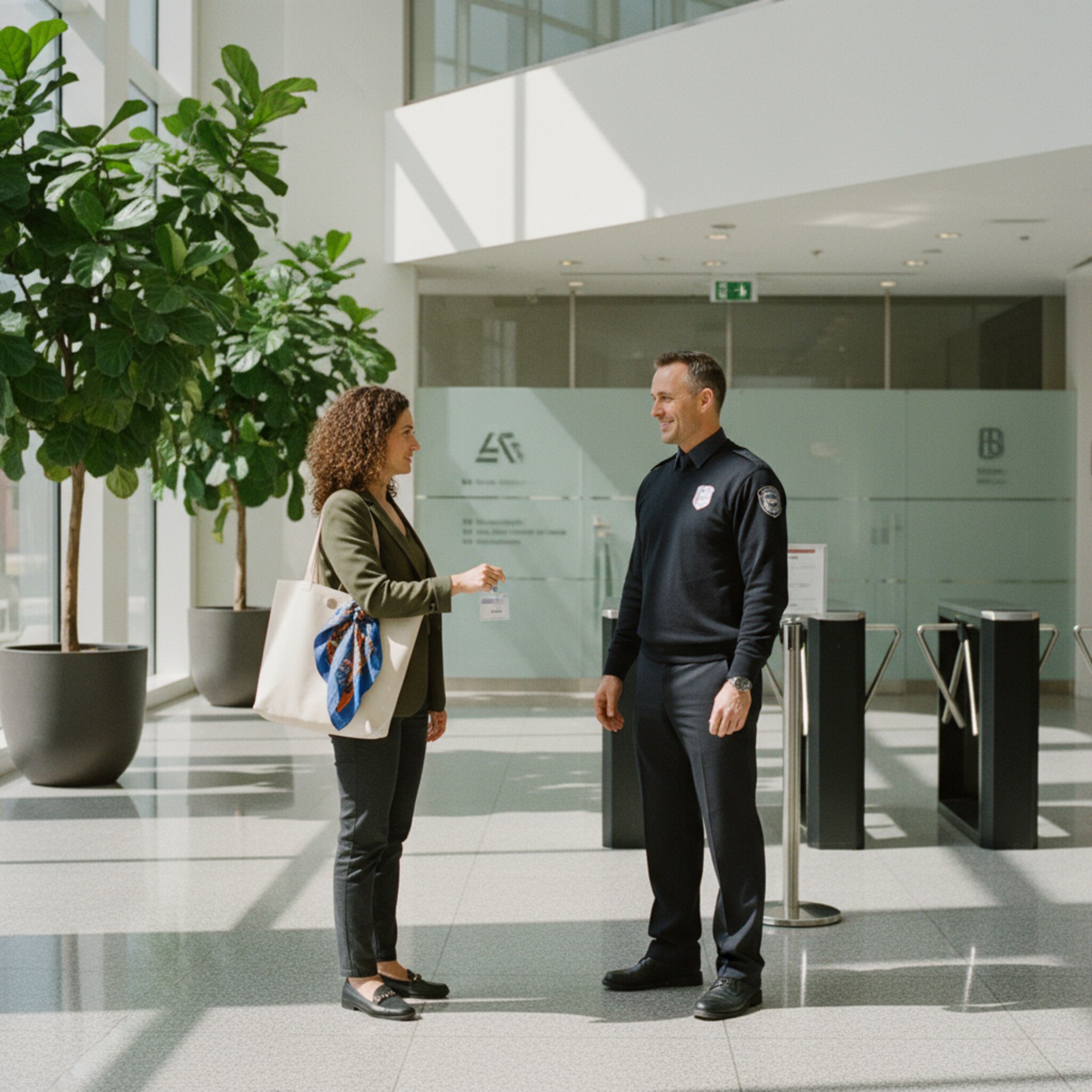 Die Eingangslobby eines Konzernstandorts wirkt hell und geordnet. Eine Besucherin überreicht ein kleines Lanyard-Badge, während der Sicherheitsmitarbeiter freundlich nickt. Dezente Absperrungen führen zum Drehkreuz, Pflanzen lockern den Raum. Der Moment wirkt ruhig, sicher und effizient, ohne sichtbare Technik im Vordergrund.