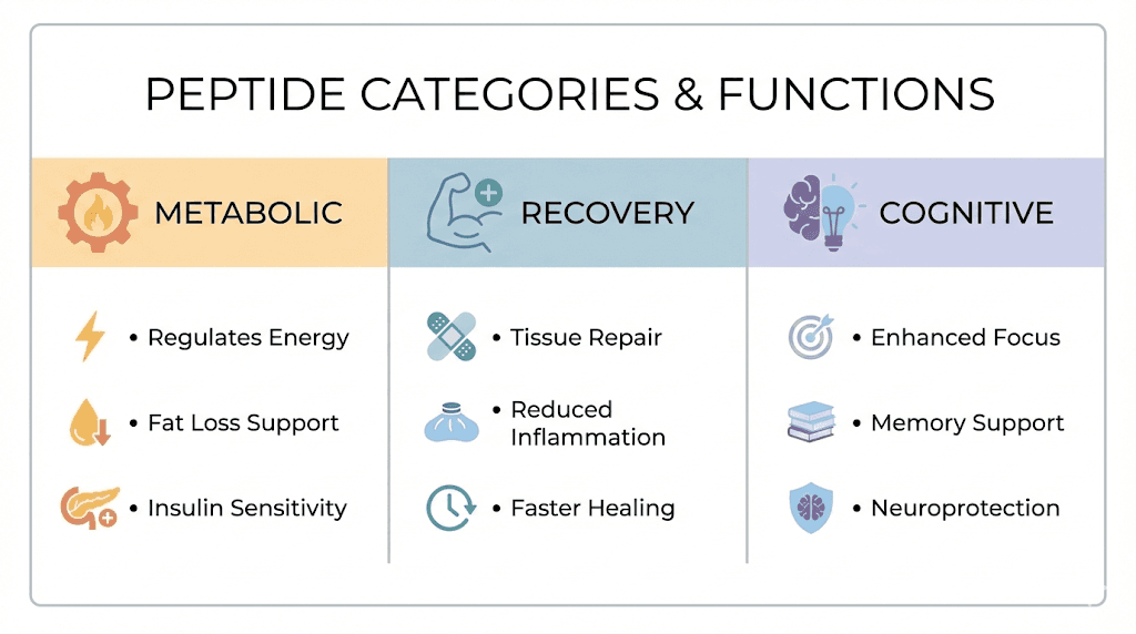 AMO peptides product categories including metabolic, recovery, and cognitive research compounds