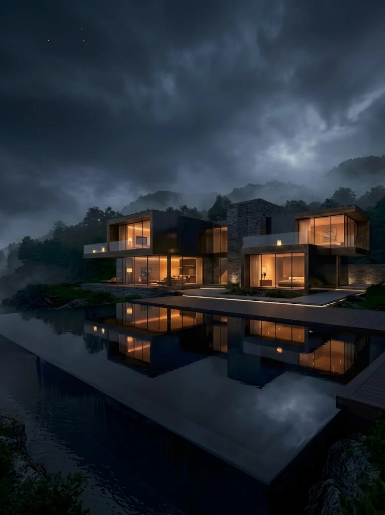 A wide night shot of a large, luxurious multi-story estate illuminated with warm interior lights. The home features expansive glass walls, geometric dark frames, and stone accents, perfectly mirrored in the completely still surface of a large infinity pool in the foreground beneath a dark, cloudy night sky.