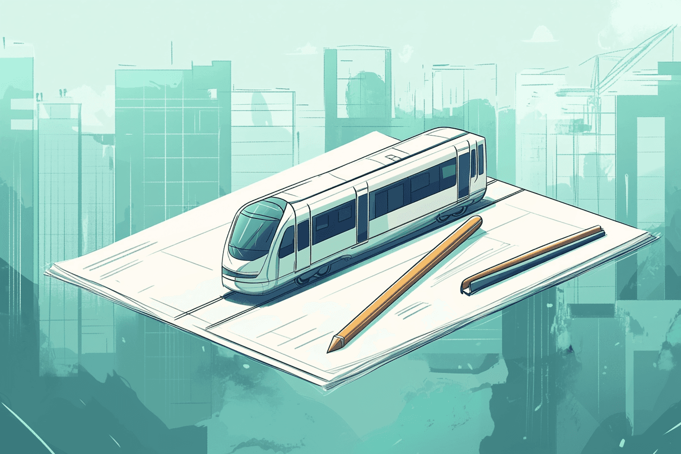 setor público de canteiro de obras de monotrilho extremamente detalhado em estilo minimalista de desenho animado. rabiscos em tons de verde menta claro, fundo claro principalmente branco, sem elementos no fundo cláusula de retomada performance bond aquarela