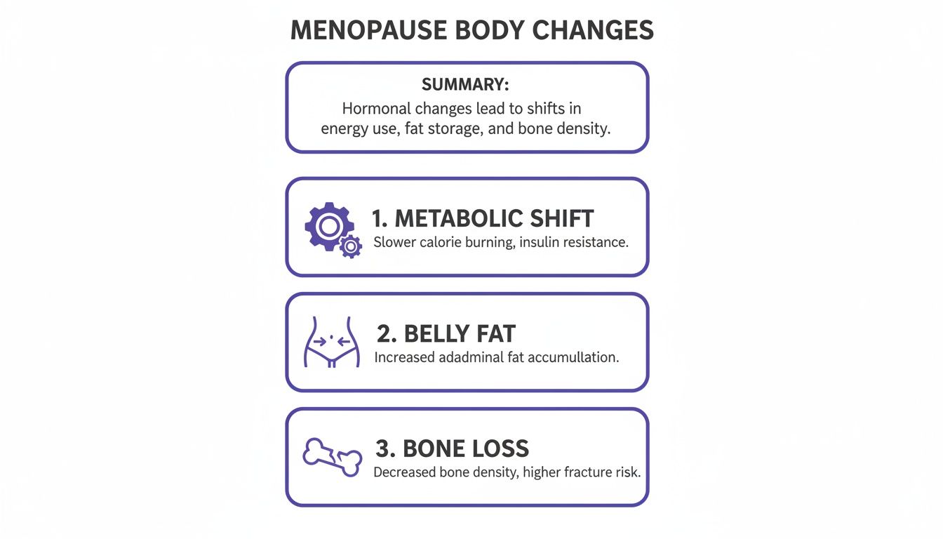 An infographic detailing menopause body changes, including metabolic shift, belly fat, and bone loss.