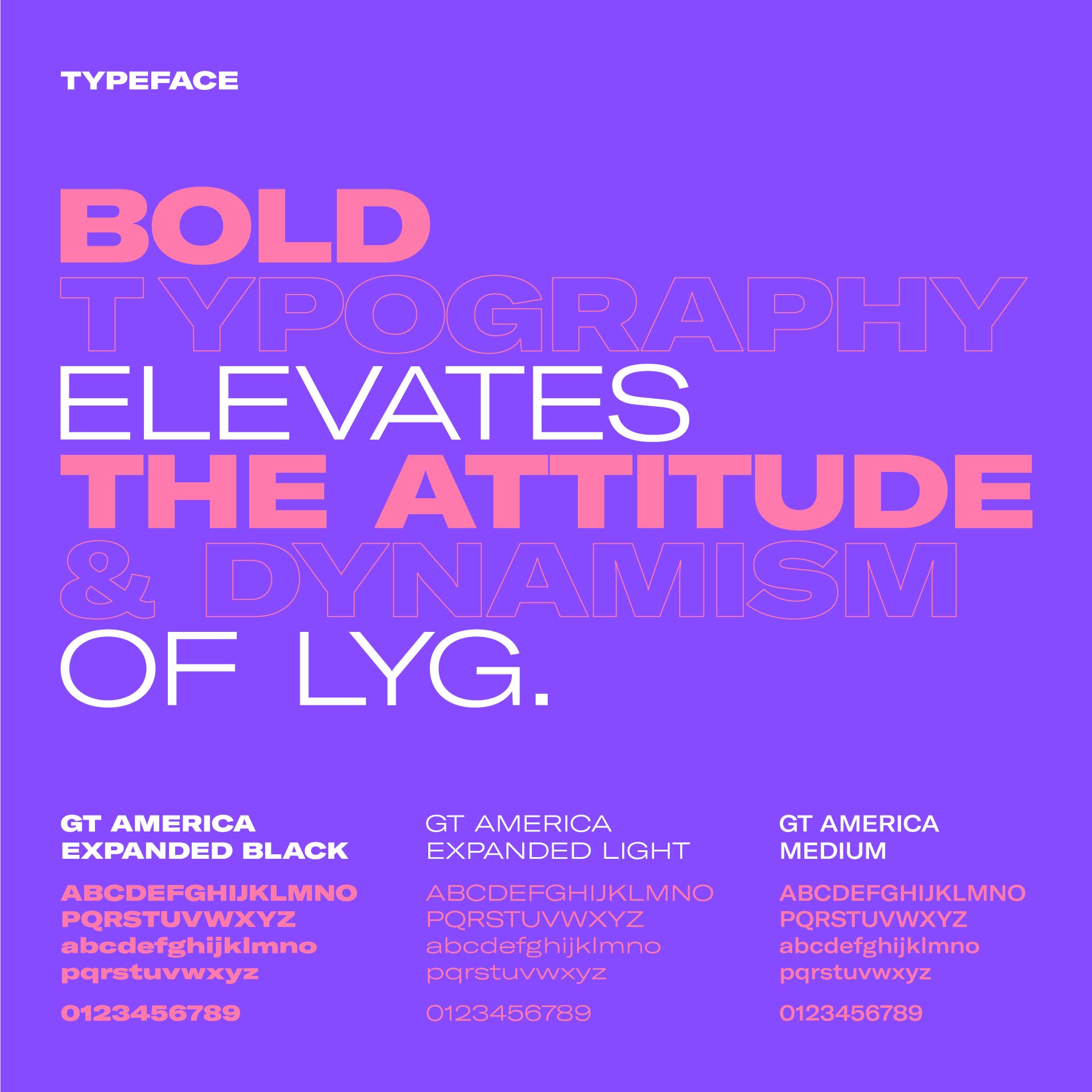 Typography poster: Bold statements in pink/white on purple background, featuring 'GT America' font in Expanded Black, Light, and Medium weights.