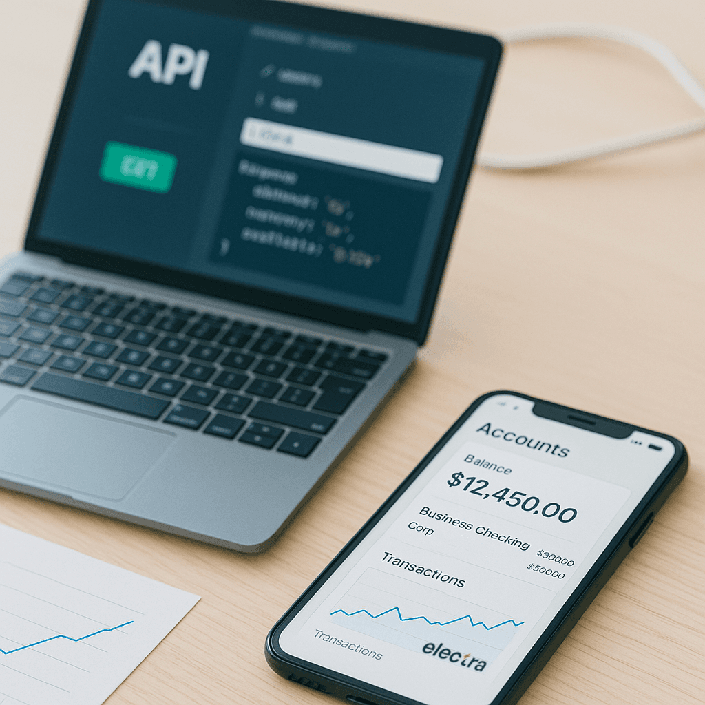Mobile Banking App and an API developer portal displayed on a wooden desk
