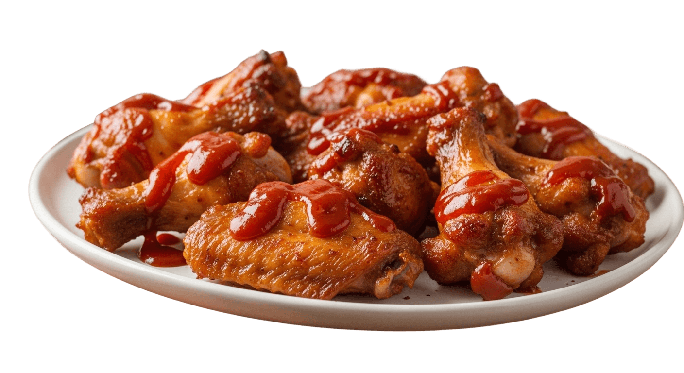 A plate of golden-brown chicken wings glazed in a rich, tangy sauce, garnished and ready to be served.