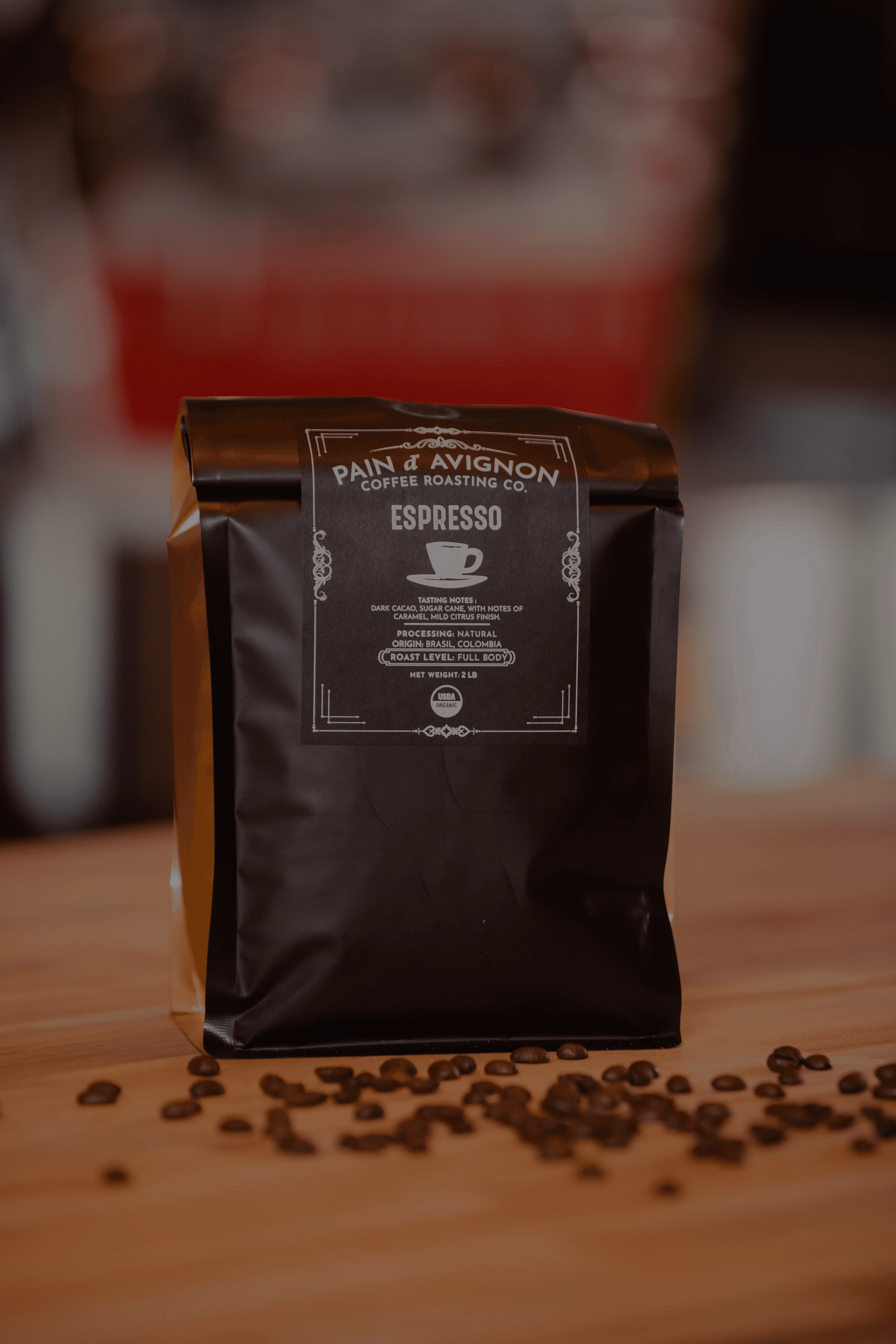 Pain d'Avignon Coffee Roasting Co. House Espresso — gold bag with branded label, filter roast with brown sugar, apple and almond notes