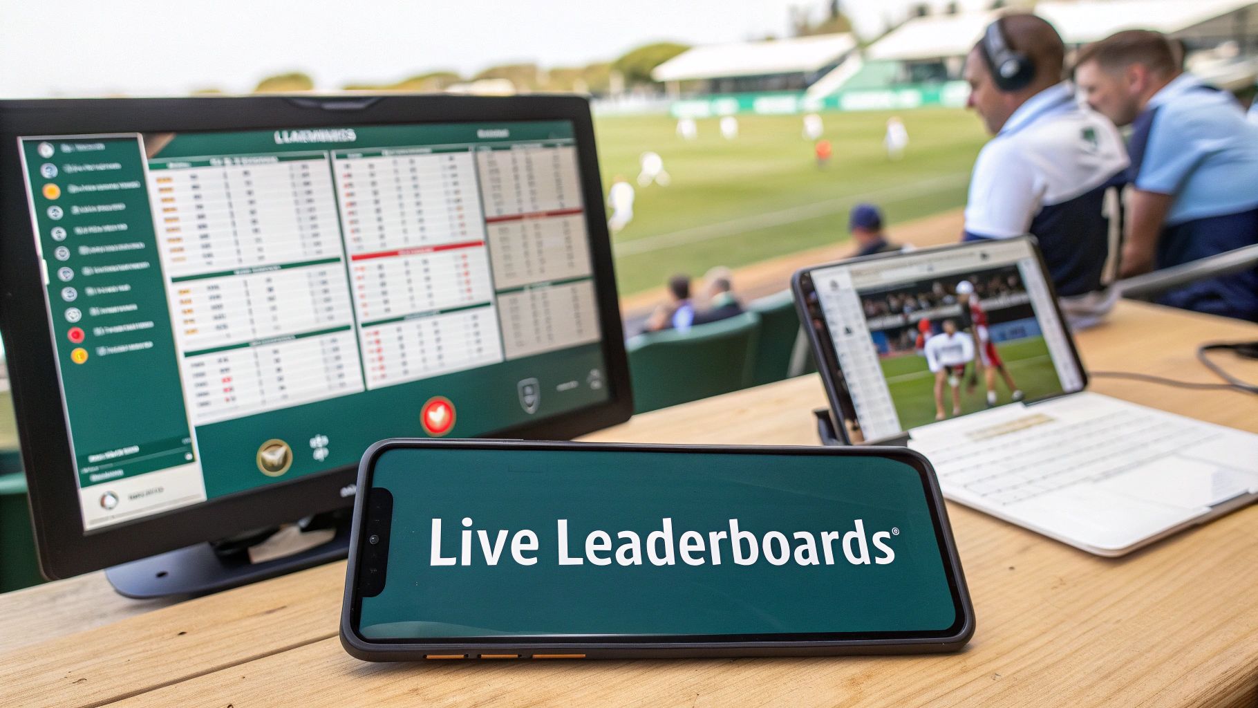 Live sports event setup with monitors displaying real-time leaderboards, scores, and a live game feed.