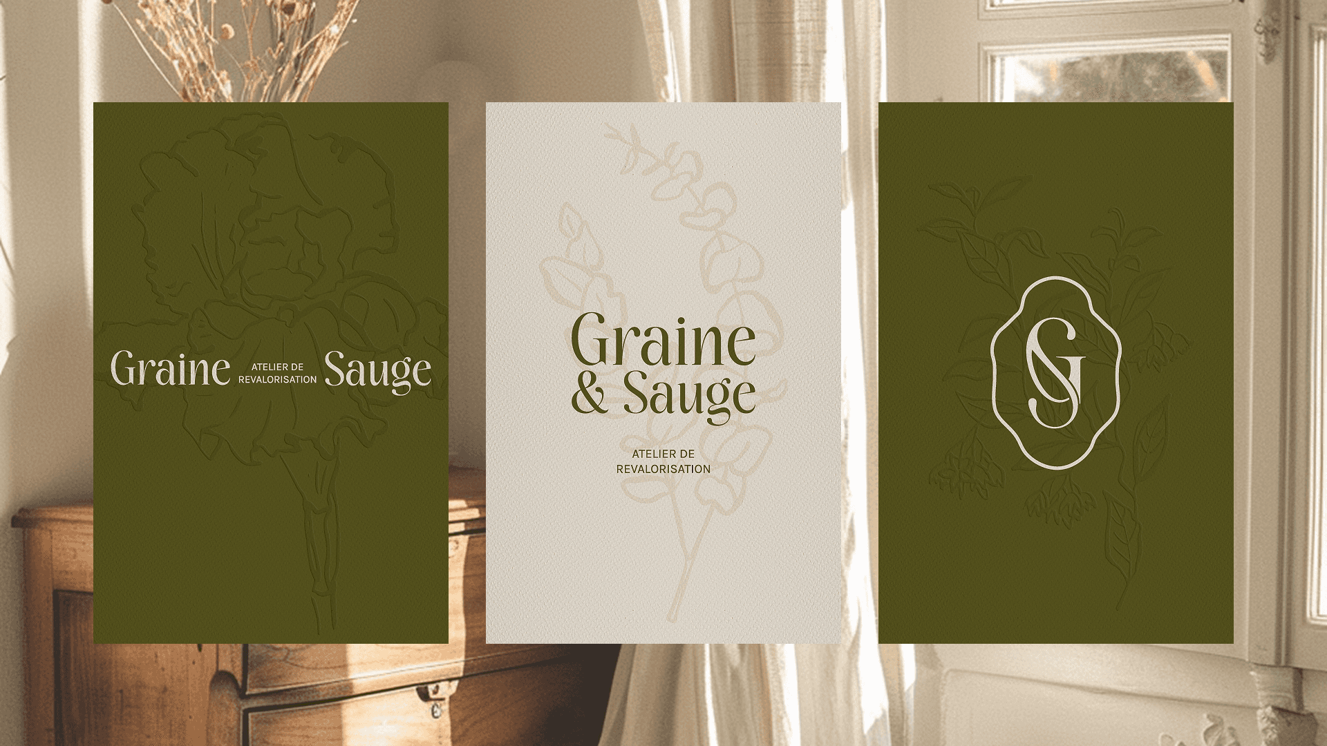 trois affiches qui présentent les déclinaisons du logo Graine & Sauge