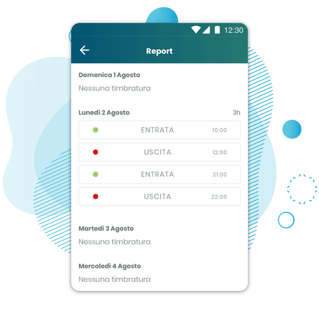 Schermata delle timbrature registrate su Fluida con dettagli su anomalie, turni e sedi, utile per il controllo delle presenze.