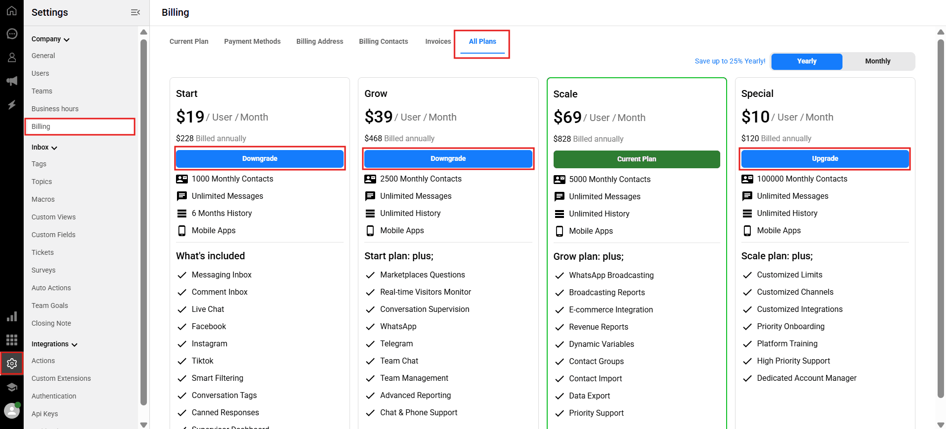 Viewing all Qpien plans to upgrade or downgrade in billing settings