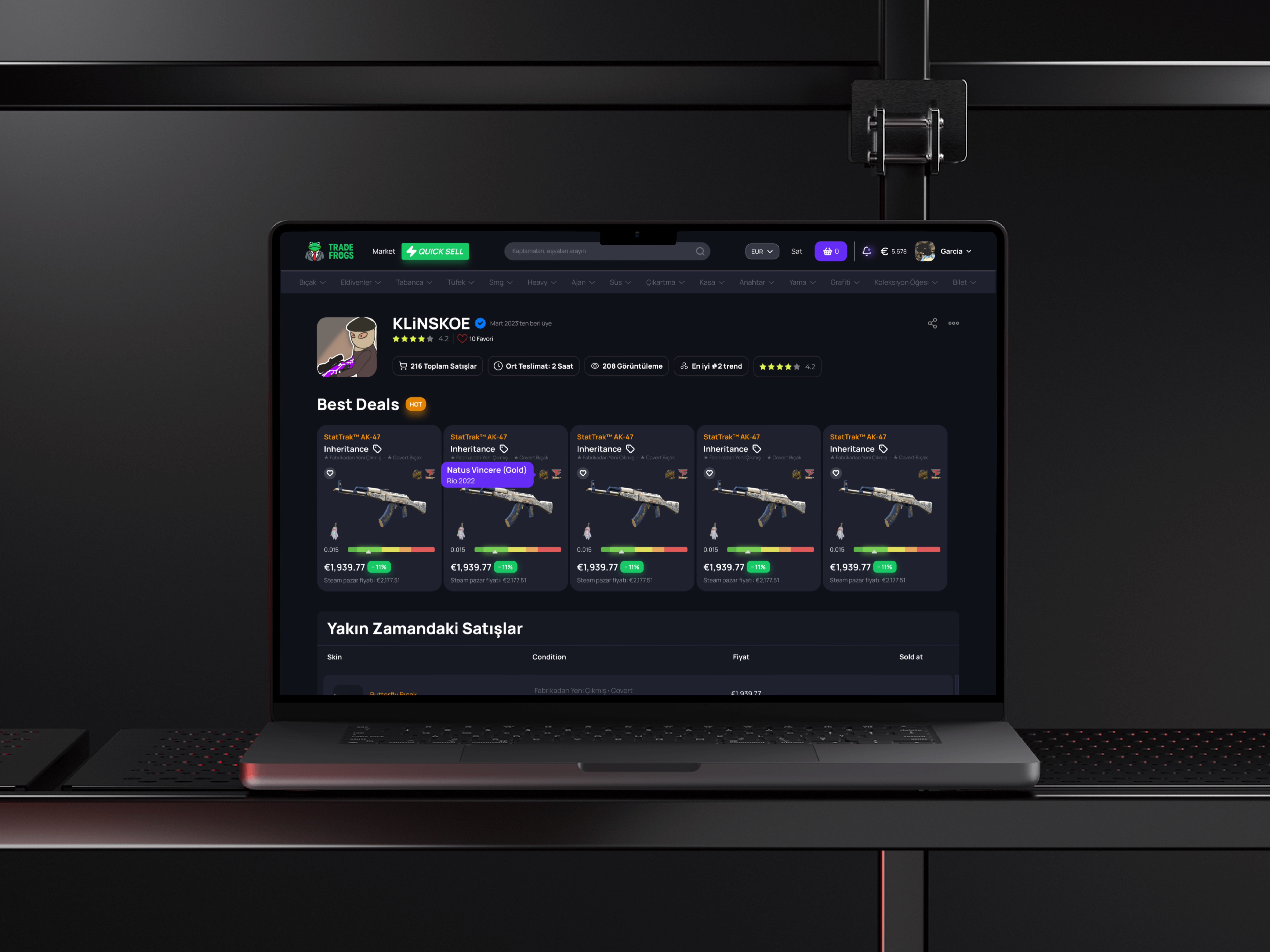 Laptop showing a marketplace seller profile with best deals and recent sales.