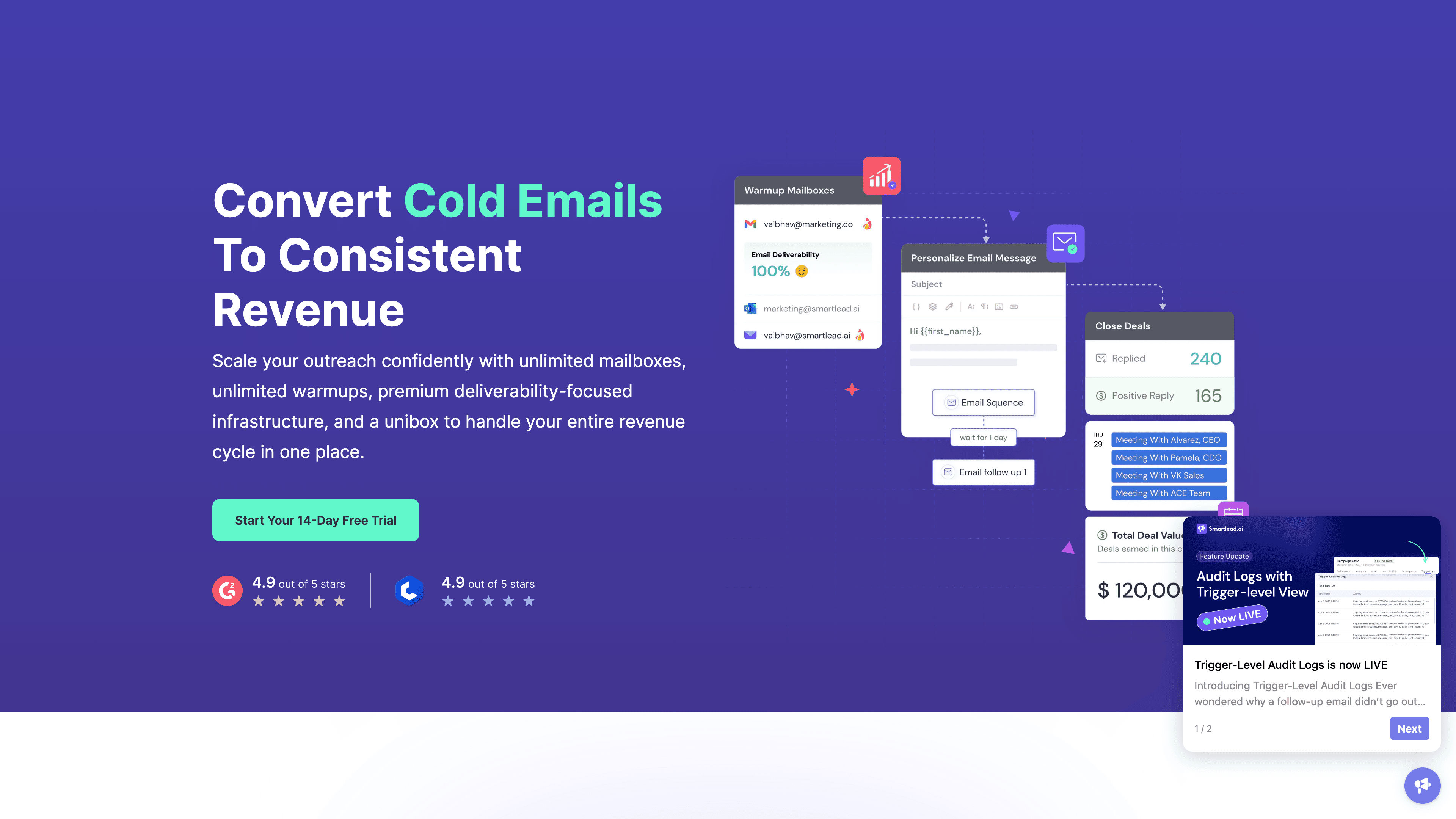 Smartlead.ai platform showing unlimited mailbox management and advanced deliverability controls