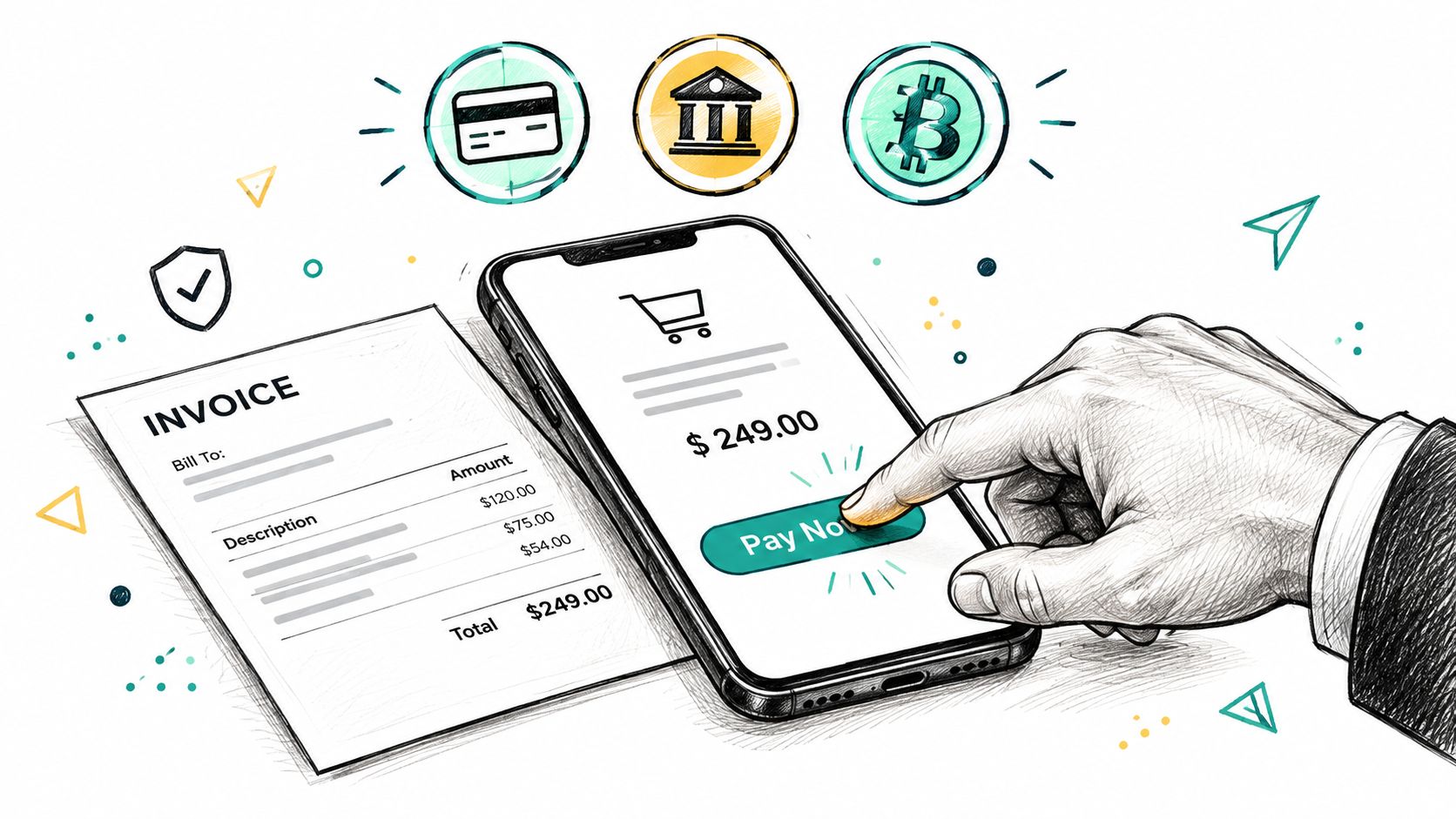 A hand using a smartphone to make an online payment for a digital invoice using various methods.