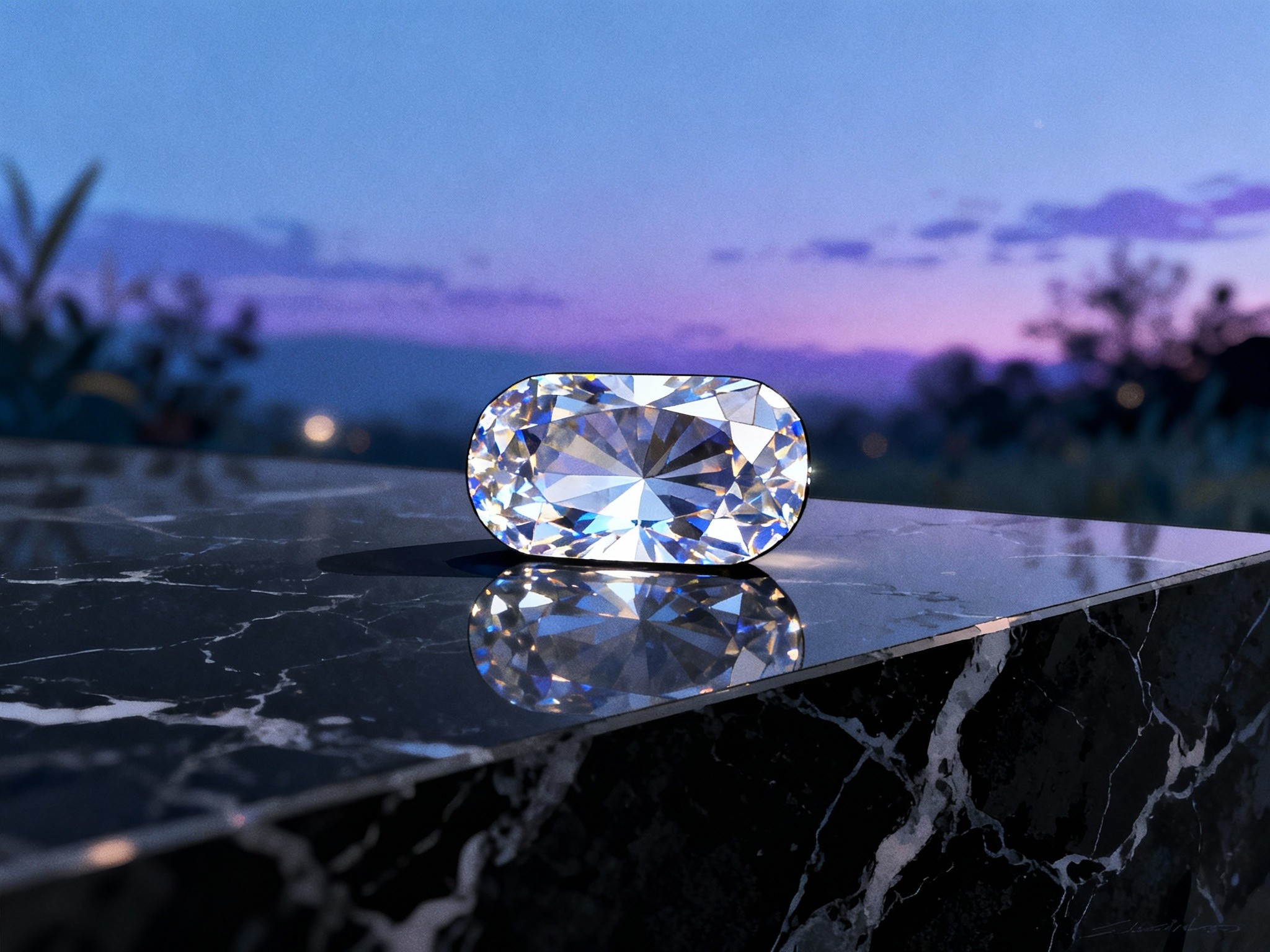 A serene wide landscape composition at twilight showcasing an elongated cushion cut gemstone resting