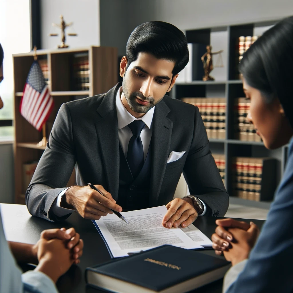 Desi immigration lawyer explaining a form to clients in an office, symbolizing expert legal guidance with cultural understanding.