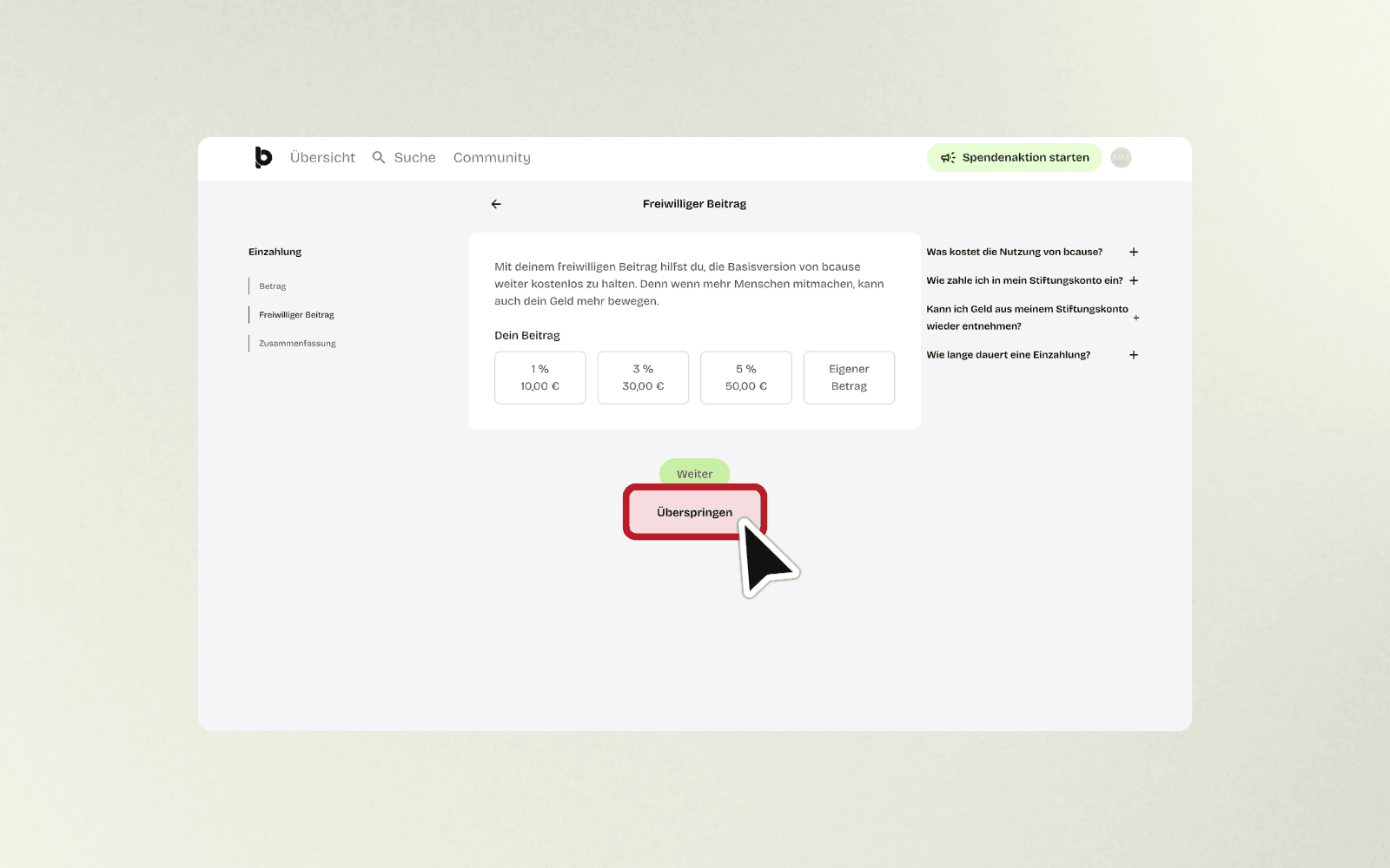 Seite für freiwillige Zusatzbeiträge mit verschiedenen Prozentangaben und Überspringen-Option