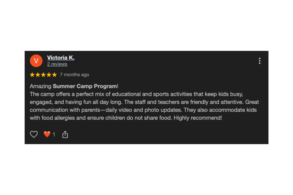 5-star review for SportPlus Academy Summer Camp – 'Amazing program with educational and sports activities, friendly staff, daily photo & video updates, food allergy friendly' - Victoria K.