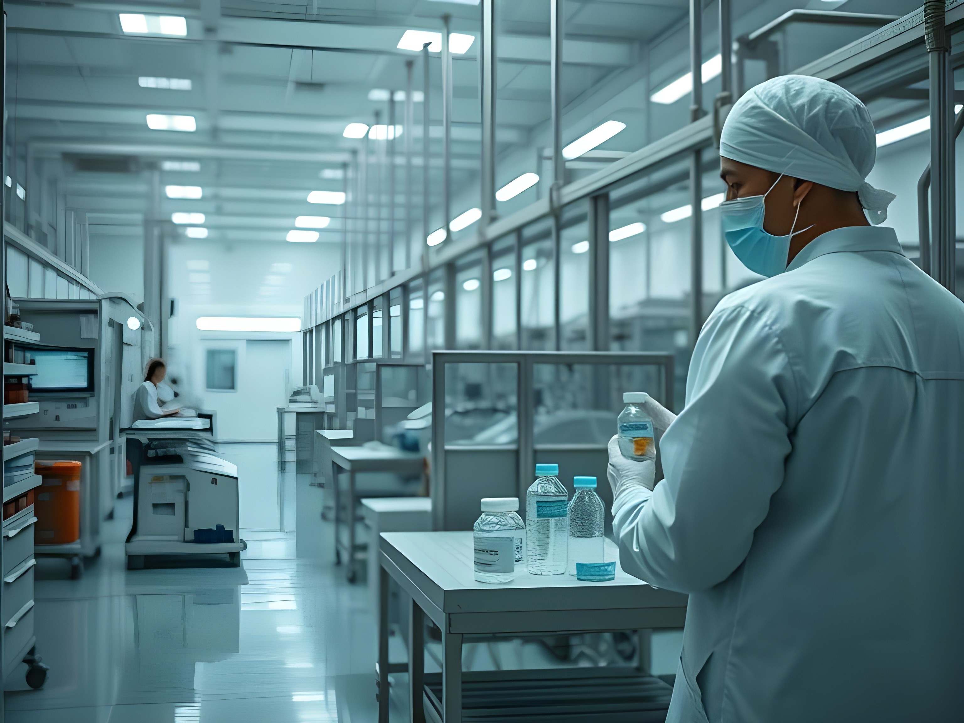 A man in a lab coat and mask stands in a factory, surrounded by machinery and equipment, focused on his work.