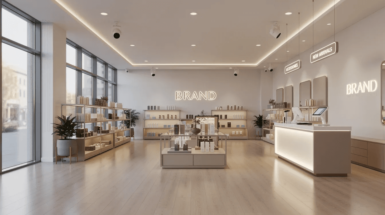 The image depicts the interior of a modern retail space featuring branded signage and warm ambient lighting, creating an inviting atmosphere for customers. This design reflects the innovative solutions offered by a branding agency in Dubai, enhancing brand engagement and visual identity.