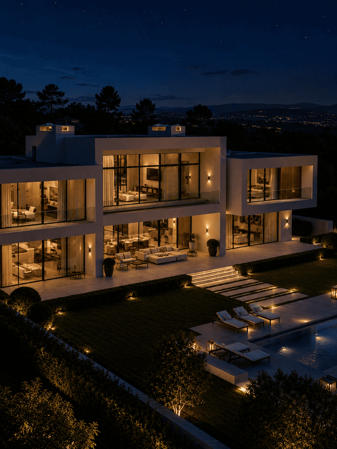Modern luxury estate in Beverly Hills featuring panoramic city views and outdoor entertaining spaces.