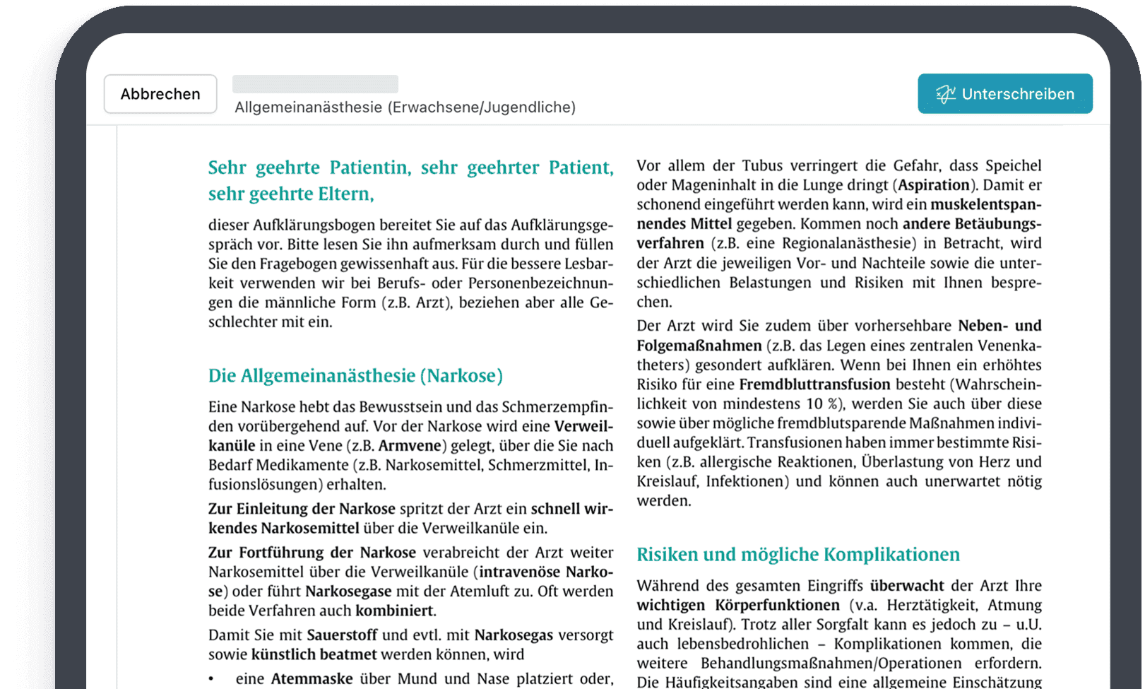 Beispielbild eine Informationsartikels auf dem Tablet
