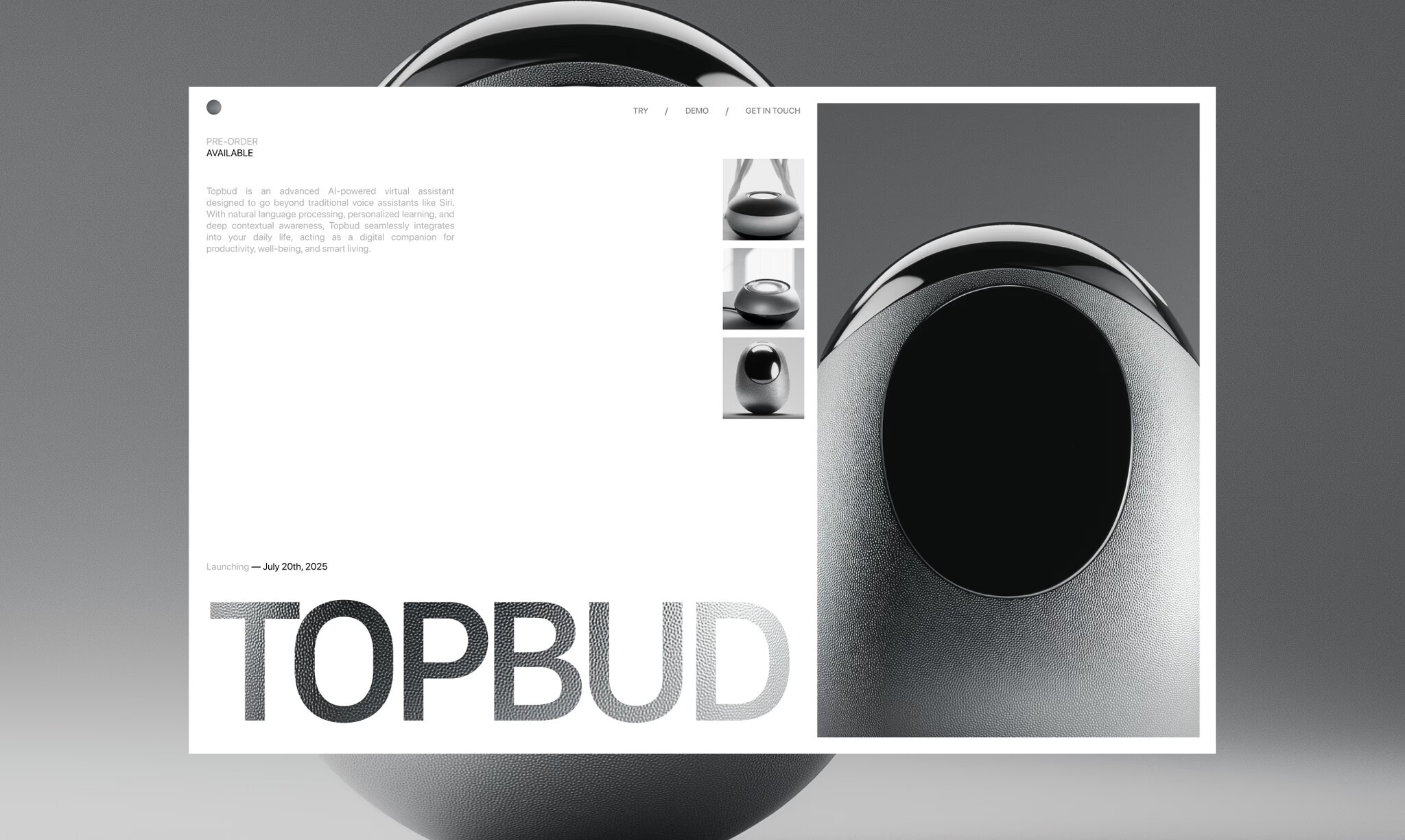 Minimal monochrome product website layout featuring TOPBUD earbuds with clean editorial design