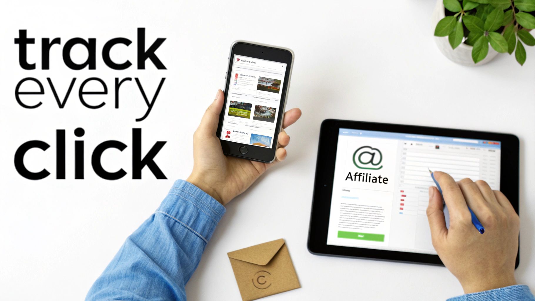 Hands track every click on a smartphone and tablet with an affiliate marketing interface.