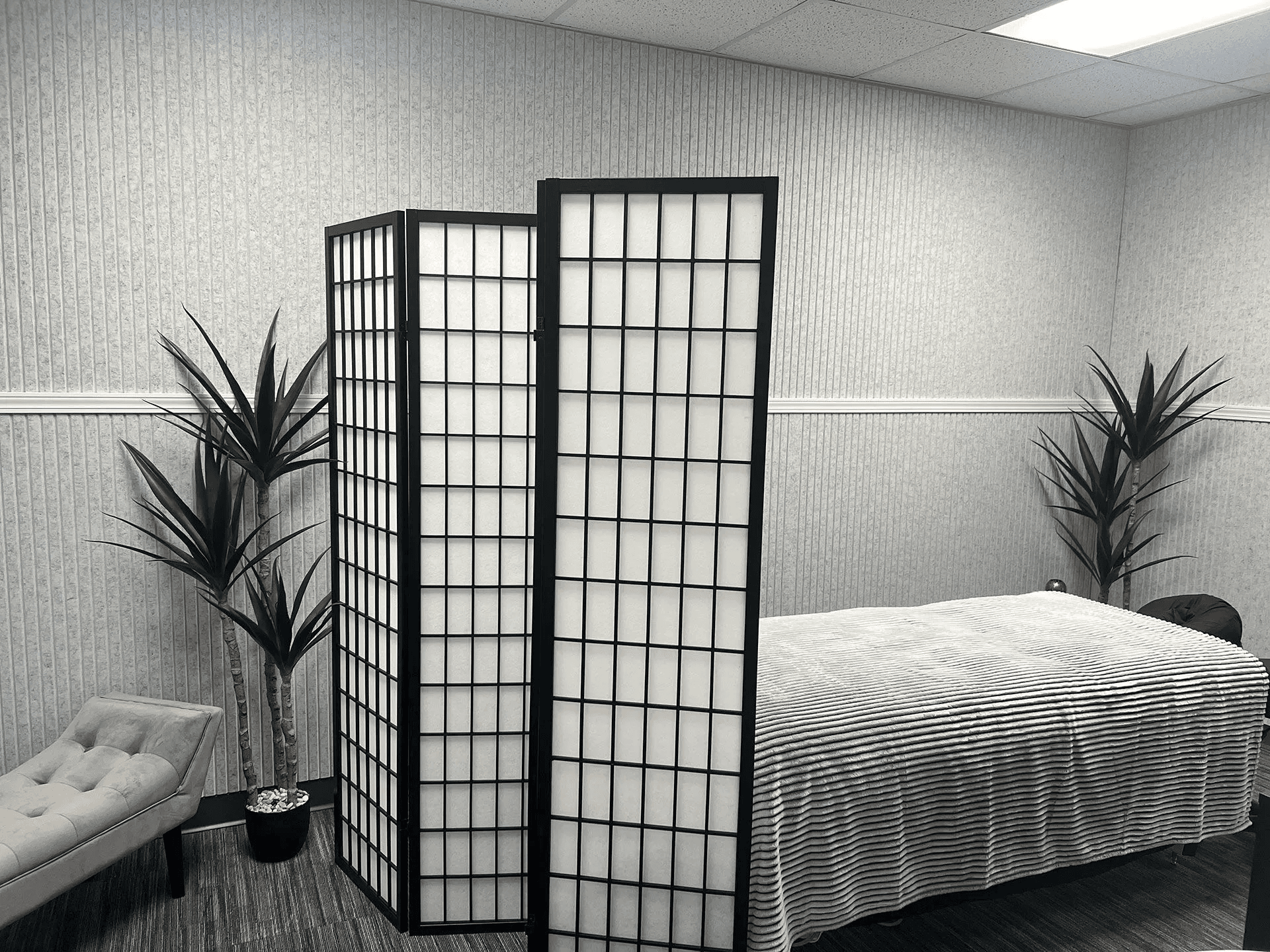 Professional clinical setting for manual therapy and private consultations with a comfortable treatment table and shoji privacy screen.
