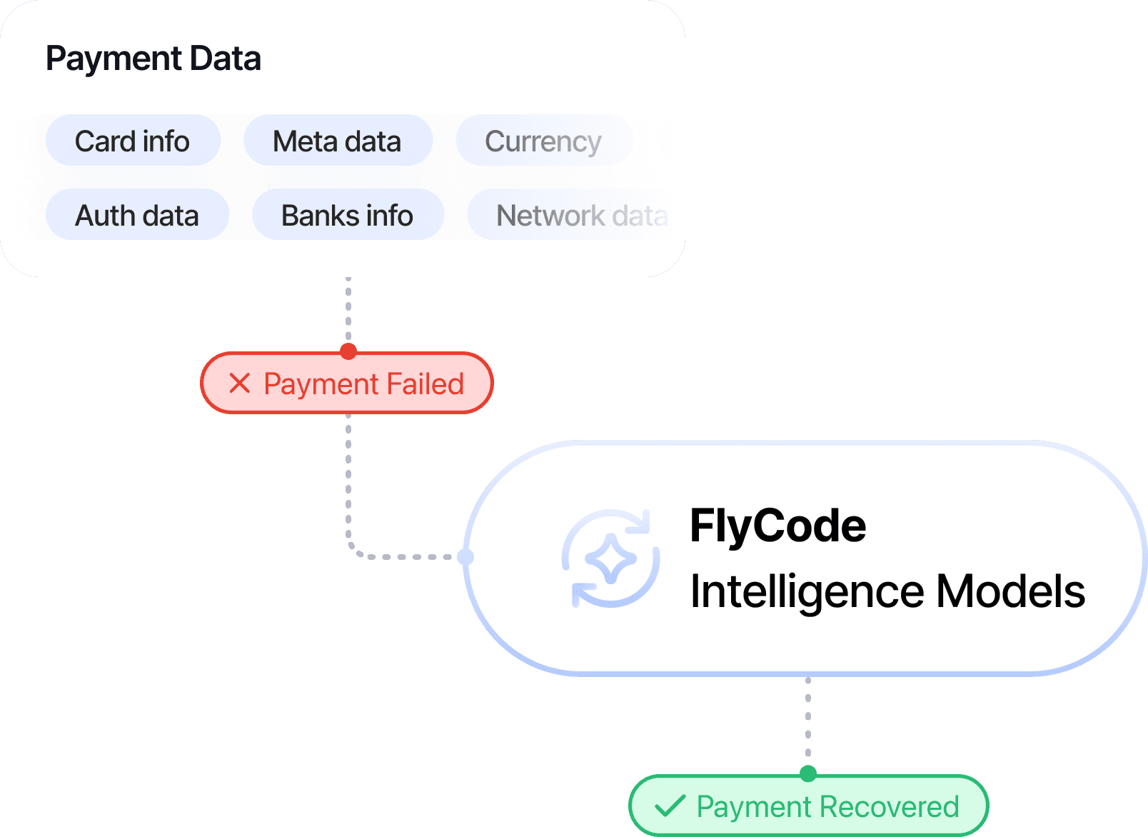 Flowchart illustrating data processing, with an emphasis on payment data and an intelligence model labeled "FlipCode."