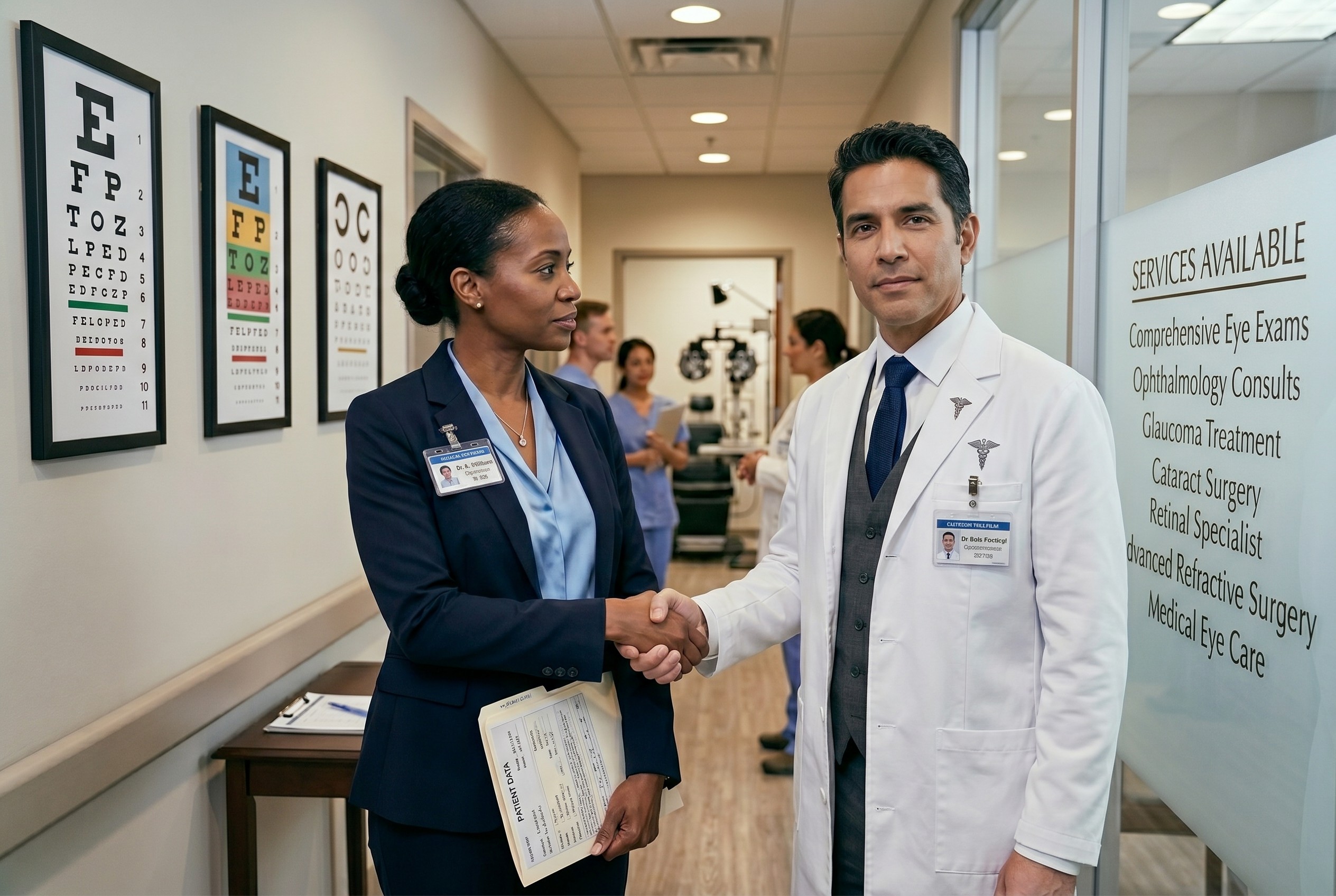 Female optometrist and male ophthalmologist shaking hands in clinic hallway with patient folder and framed eye charts on wall