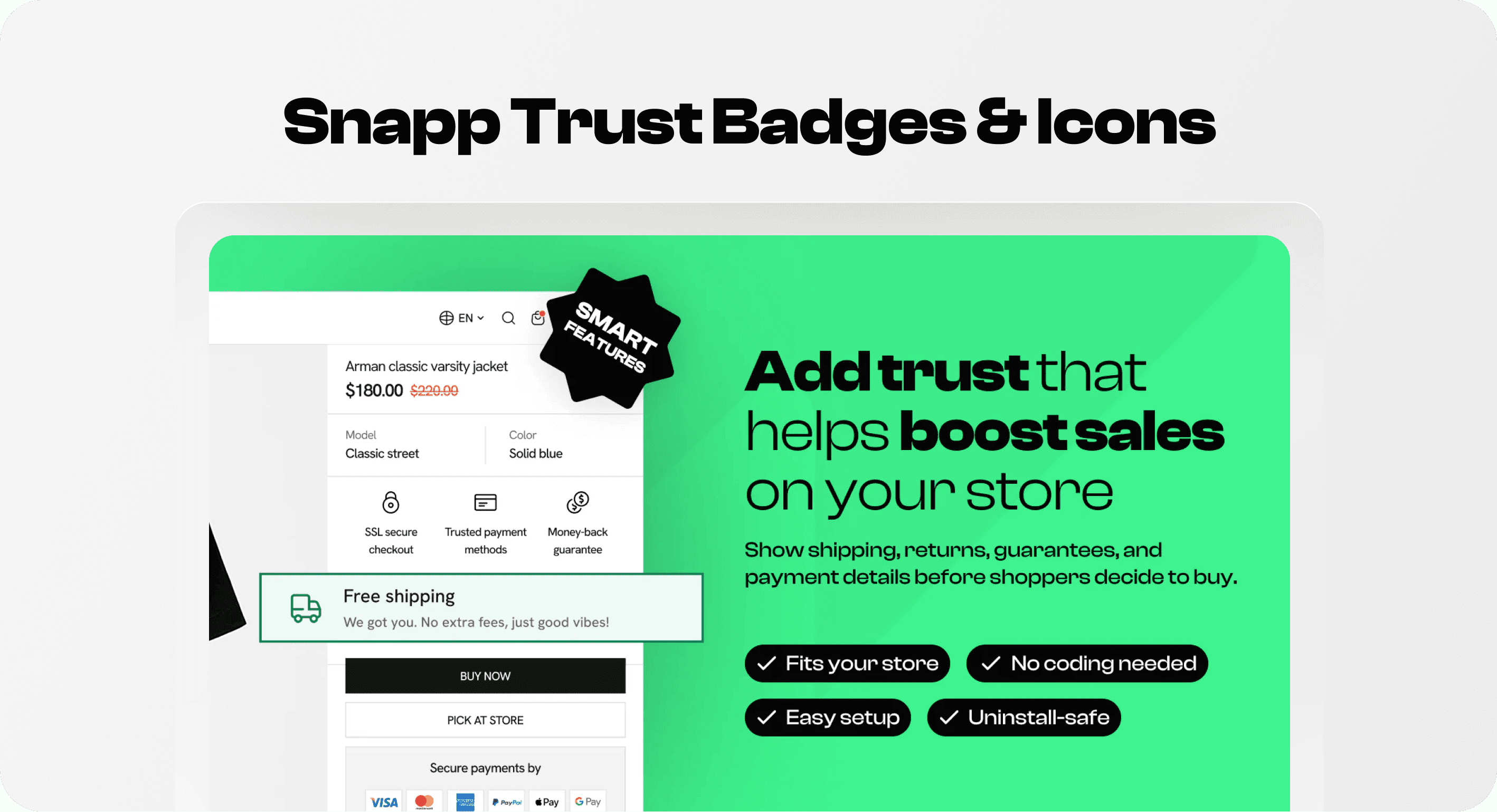 Snapp Trust Badges & Icons showing shipping, payment, and checkout reassurance on a Shopify product page