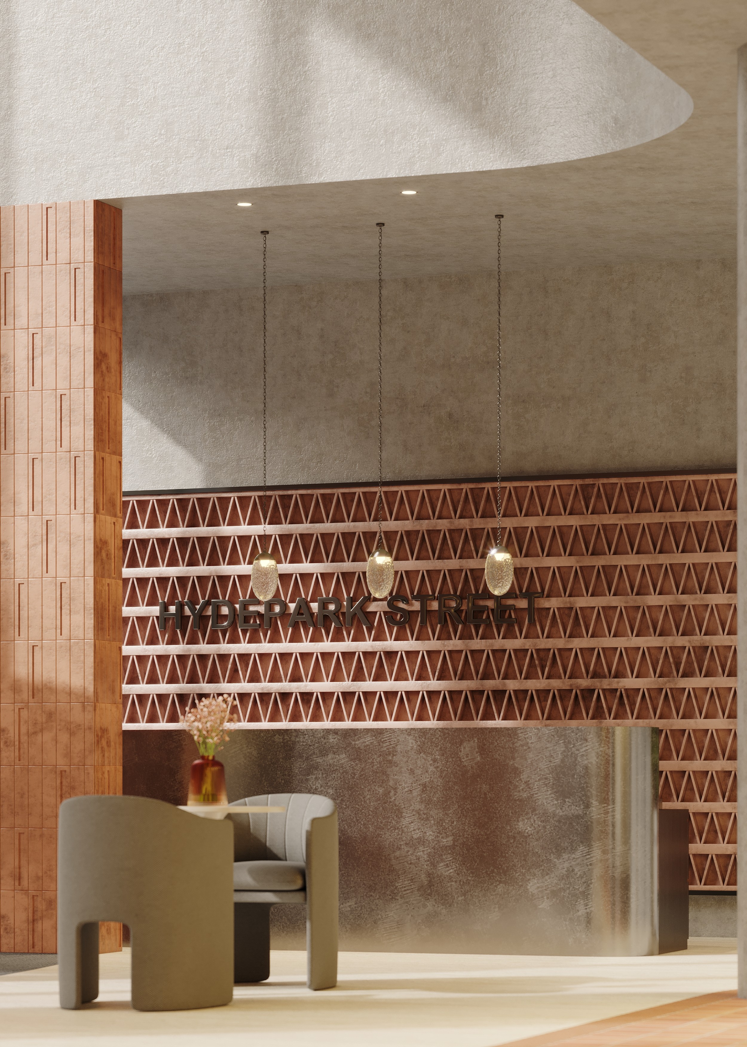 Bespoke joinery reception desk and feature tiled wall with branding at luxury PBSA project designed by White Circle