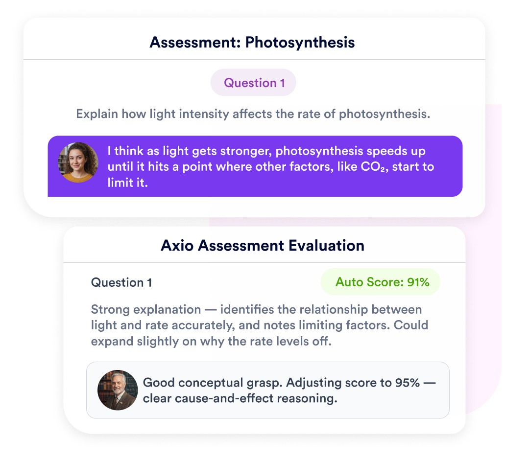 Axio Engage pipeline dashboard showing AI agent roles at each student stage—from inquiry to enrollment. Table includes agent names, responsibilities, and touchpoints such as program suggestions, document verification, and orientation support.