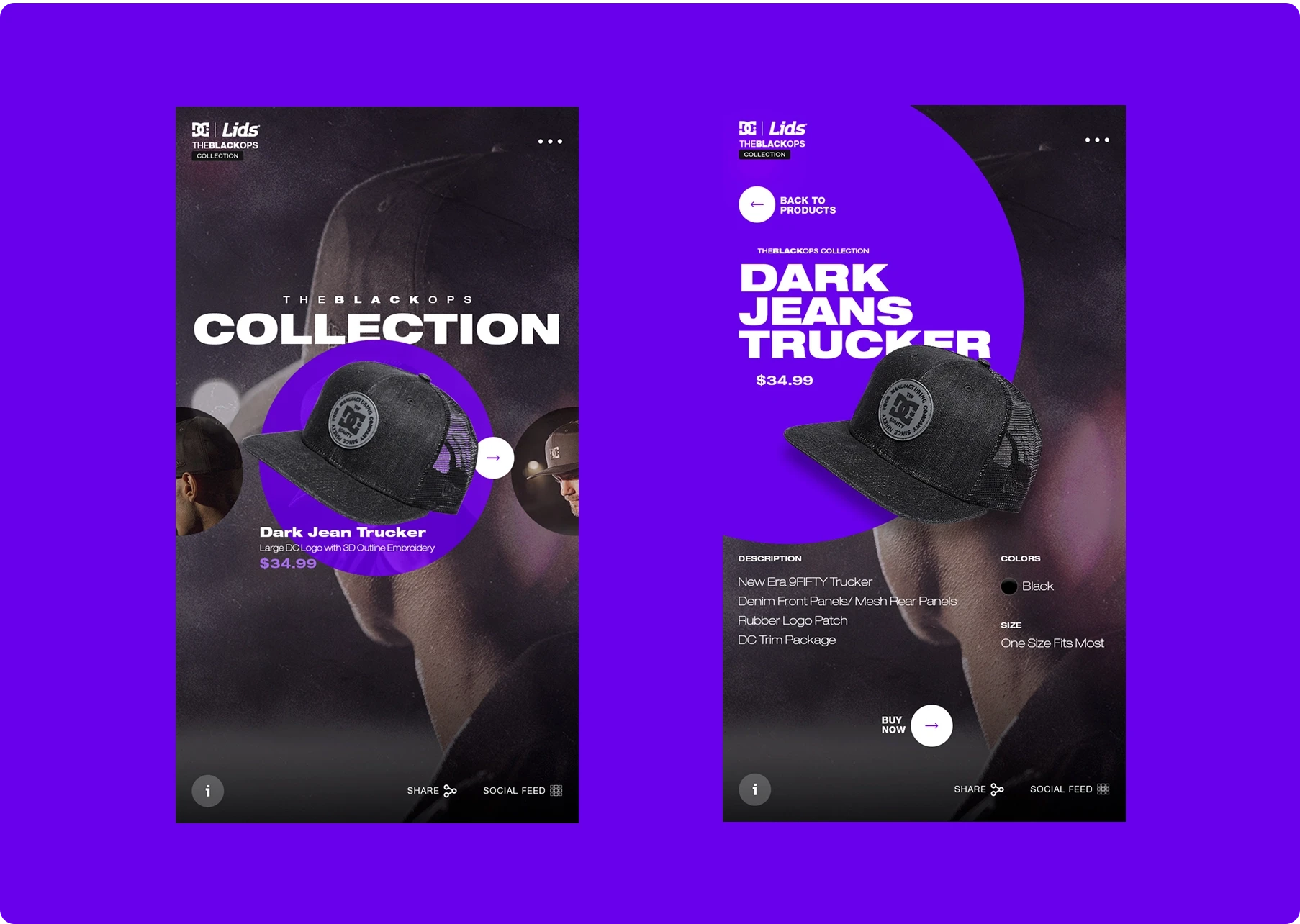 Two purple Lids ads promote a dark jean trucker cap from The Blacktop Collection, featuring a model, bold white text, and urban streetwear style.