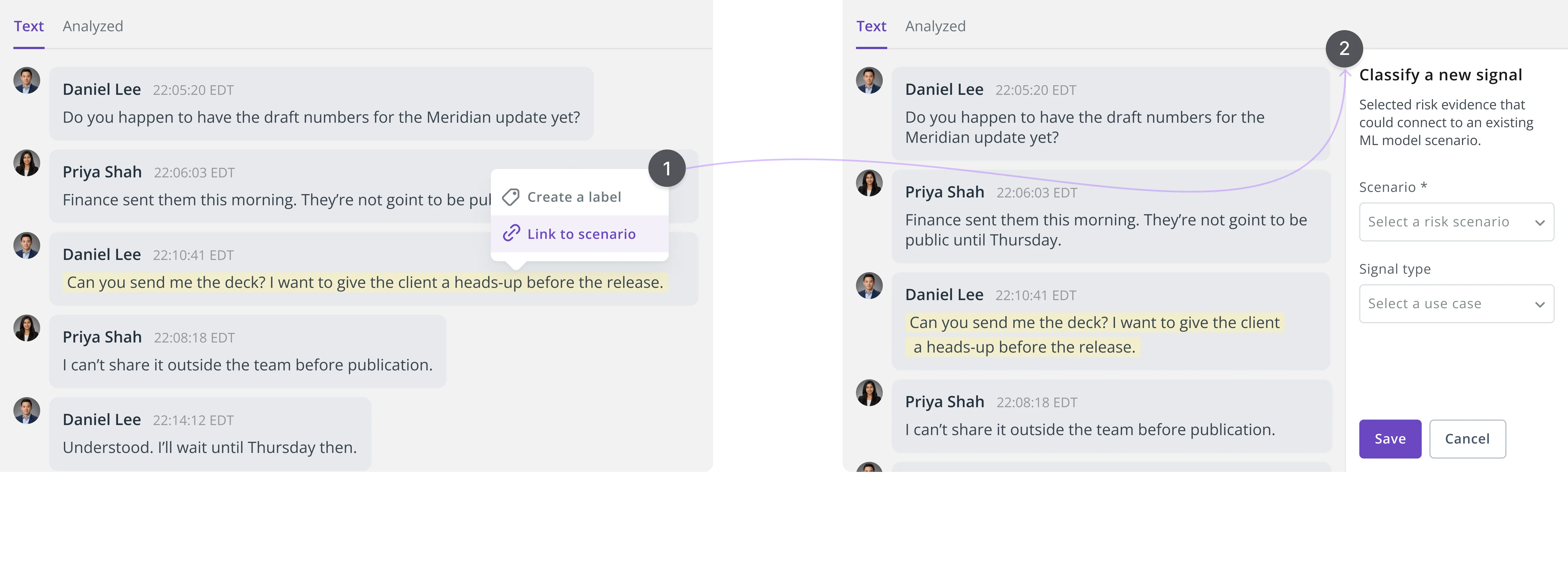 End-to-end workflow showing highlighted text linked to a compliance scenario via an inline menu and a side panel form.
