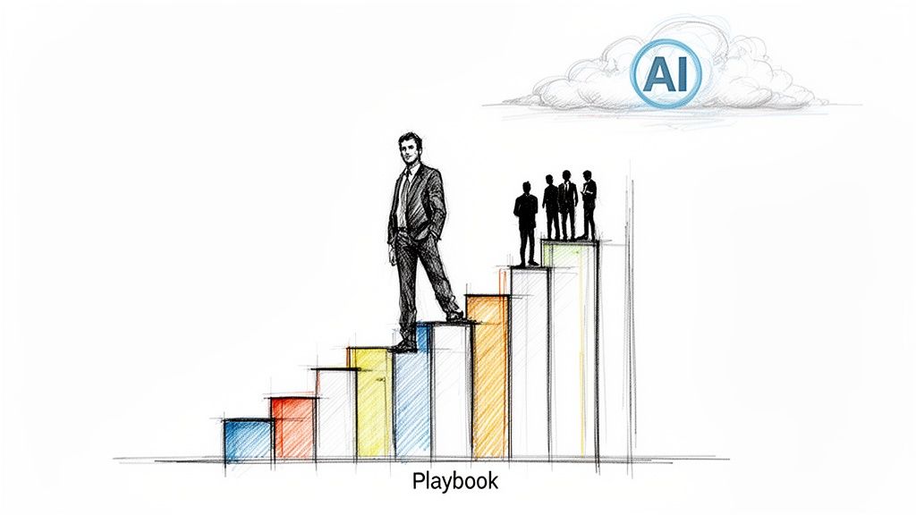 Man leading team up a bar chart towards an AI cloud, symbolizing progress and a strategy playbook.