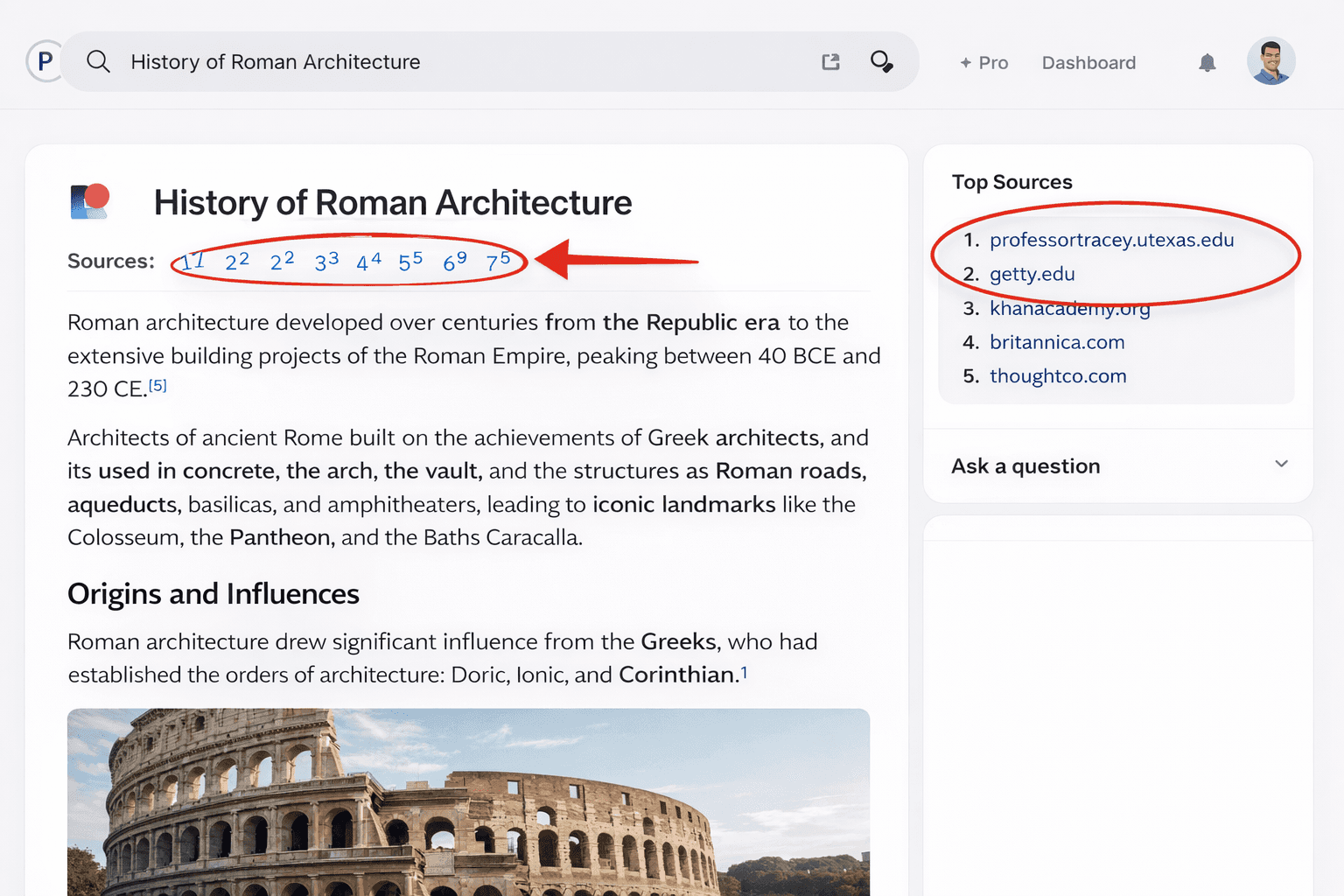 illustration of Perplexity search result “History of Roman Architecture” highlighting citation numbers and Sources list to show verified references.