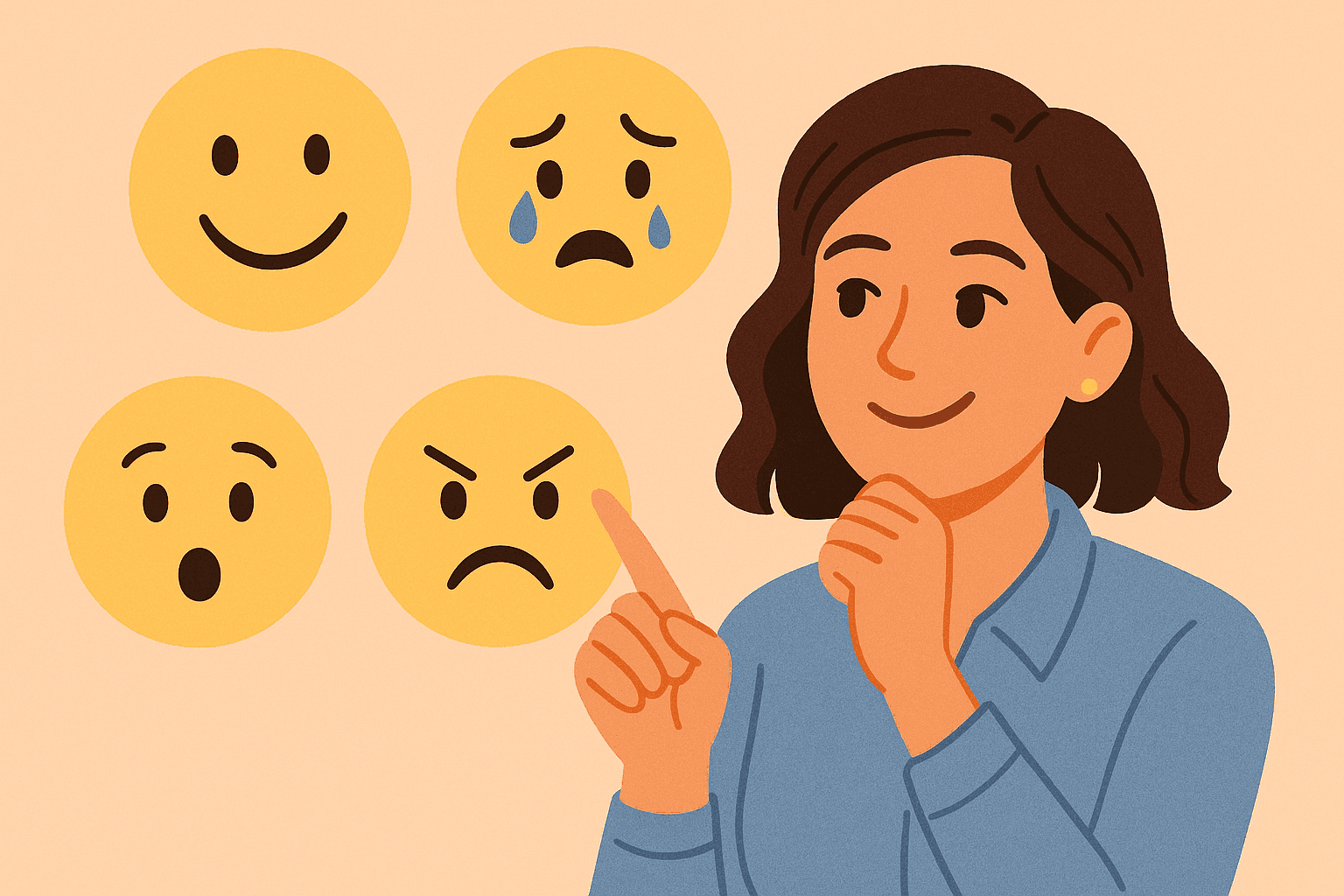 A person pointing at emojis with different emotions: happy, sad, surprised and angry