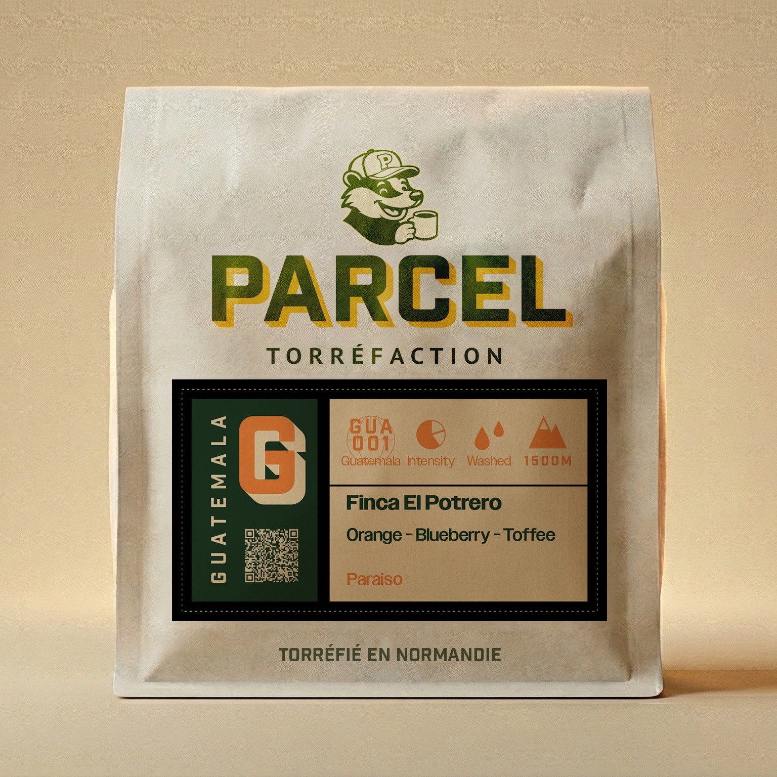 Parcel Torréfaction Guatemala Finca El Potrero bag with orange, blueberry, and toffee flavor profile and Paraiso varietal printed on label, shown upright with crisp focus for product clarity.