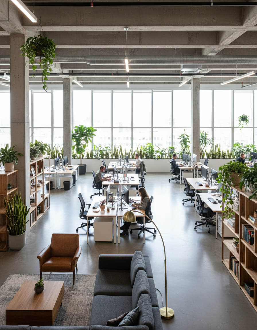 Spacious coworking area with plants and floor-to-ceiling windows