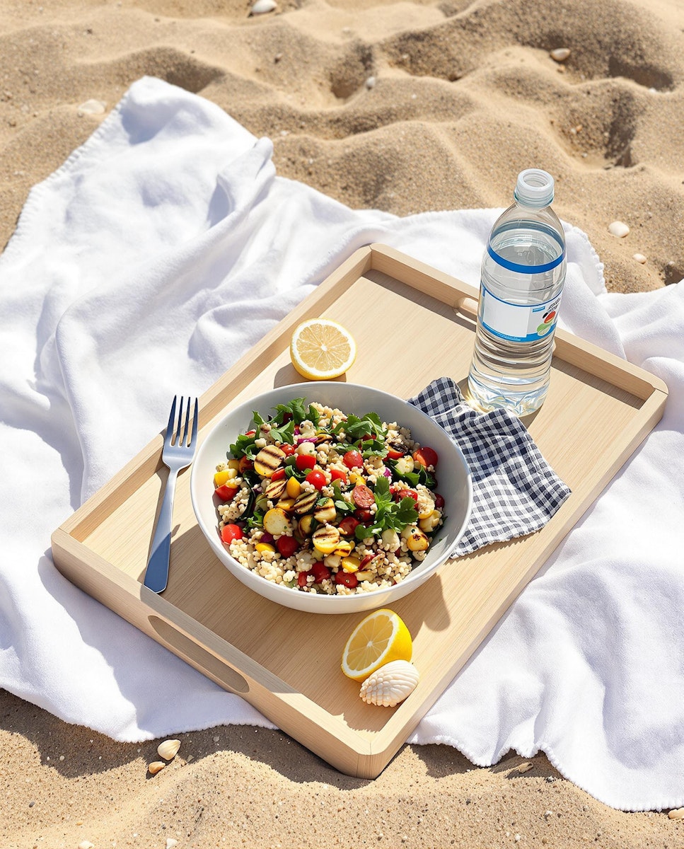 Outdoor picnic setup on sand with a tray holding a fresh salad, bread, lemon, water bottle, and a book.