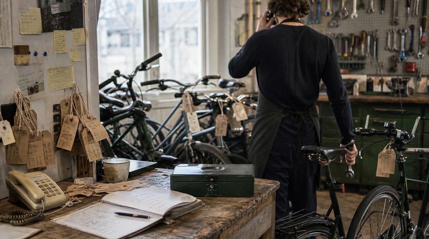 A Swedish bike workshop before the app: paper repair tags on every bike, a landline, a notebook of job notes, and a mechanic on the phone