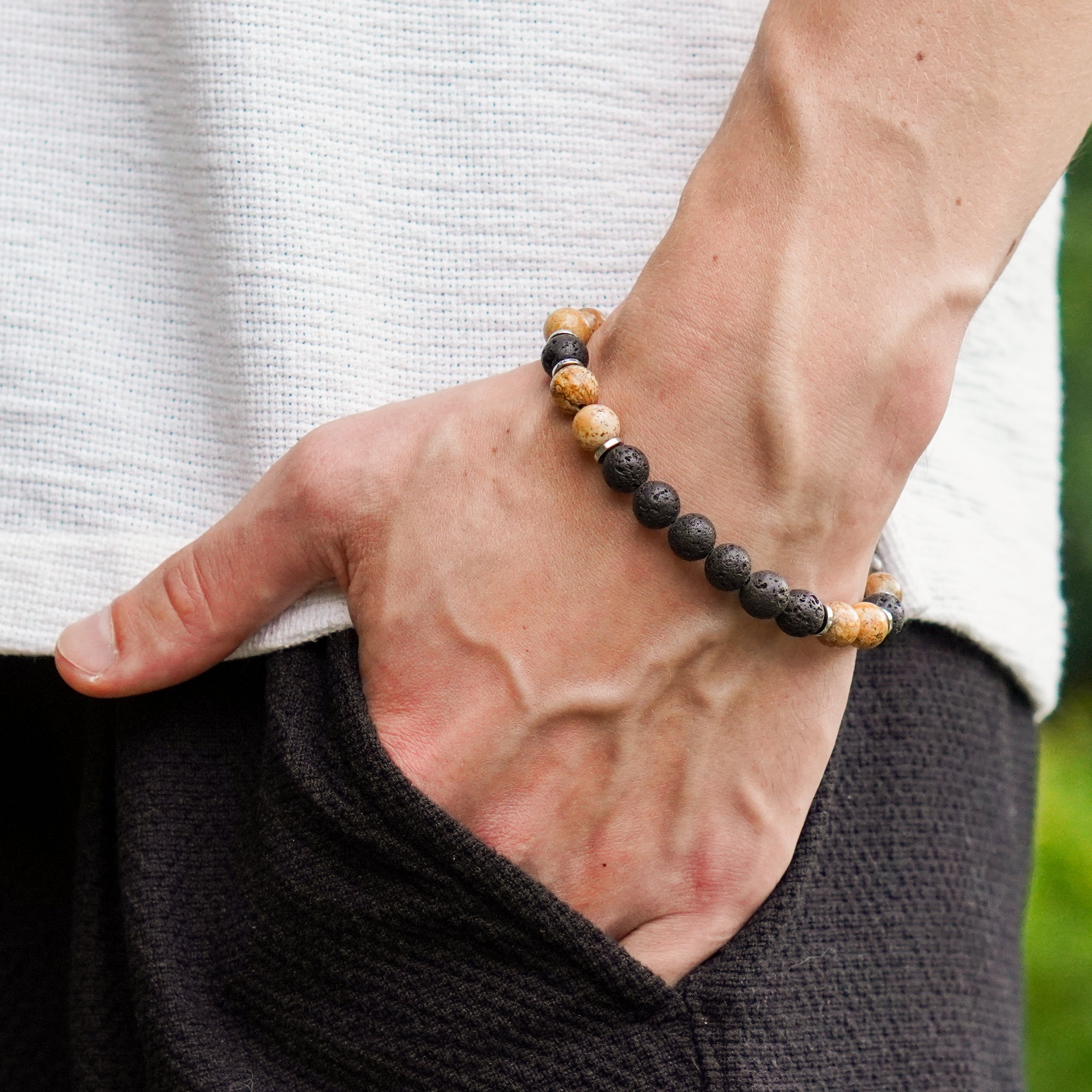 Bransoletka regulowana męska z jaspisem krajobrazowym i lawą wulkaniczną talizman realizacji celów