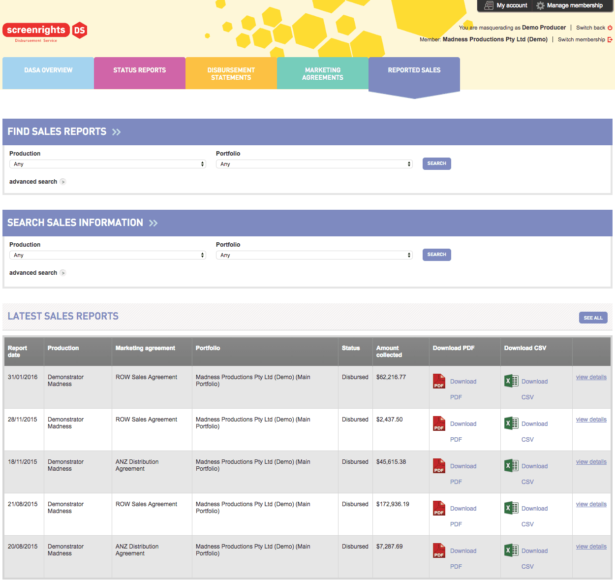 Screenshot of portal showing account details