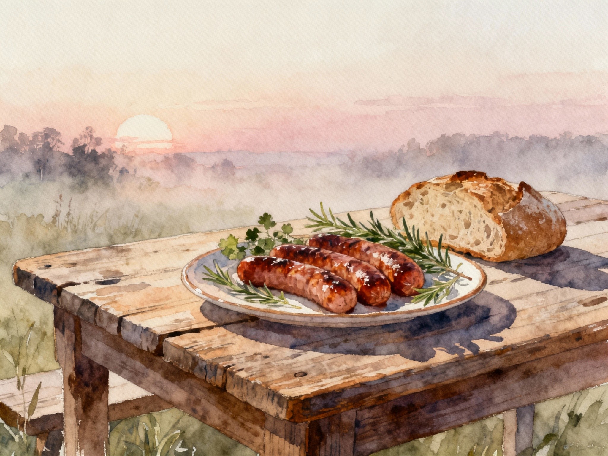 A fine-art illustration-inspired composition portraying a rustic wooden table set outdoors at dawn