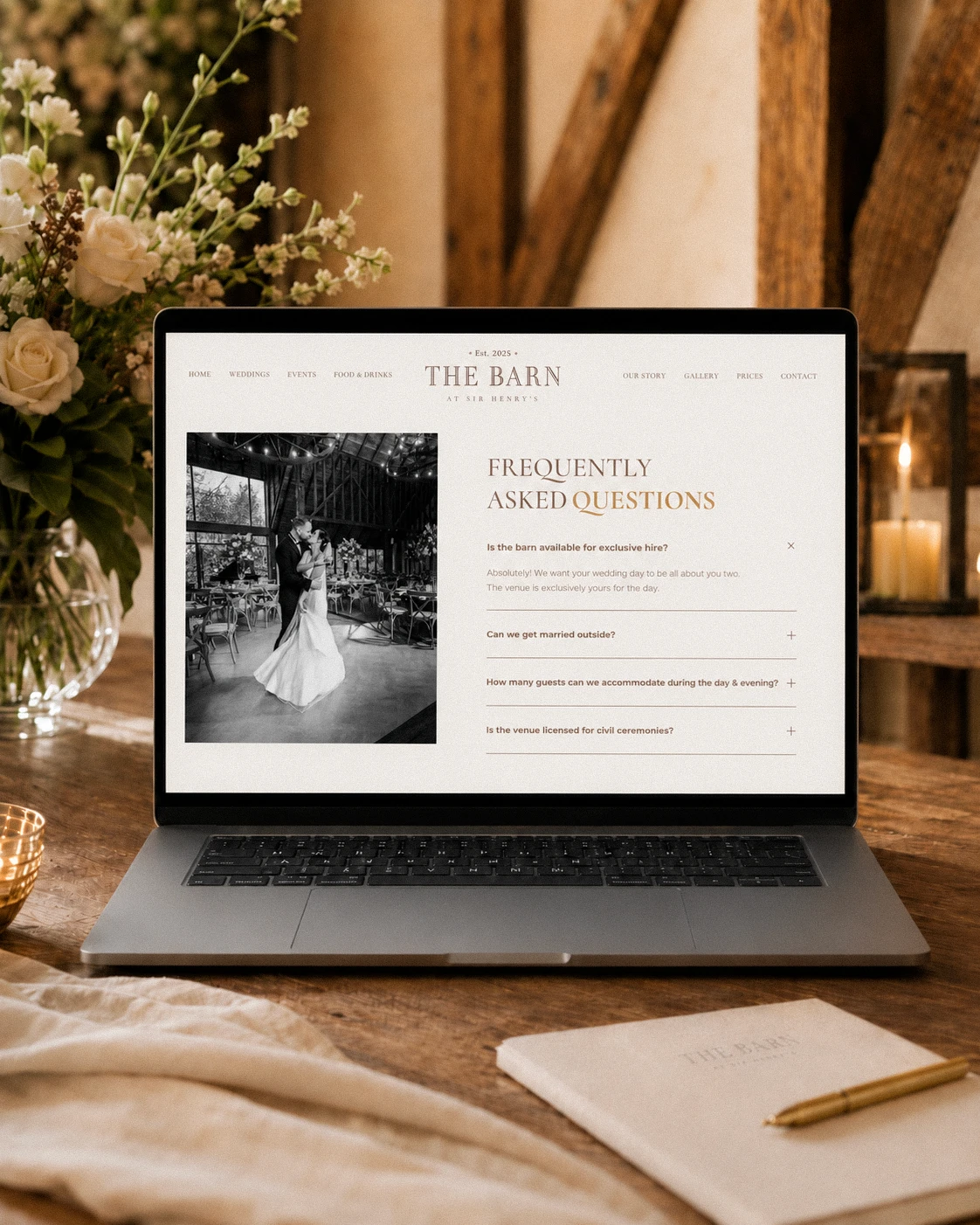 Laptop showing The Barn wedding venue FAQ page