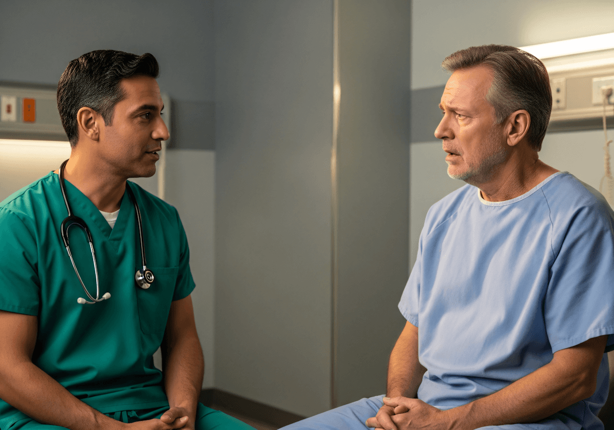 A doctor in green scrubs talks with a patient in a hospital gown, creating a professional and empathetic medical setting.