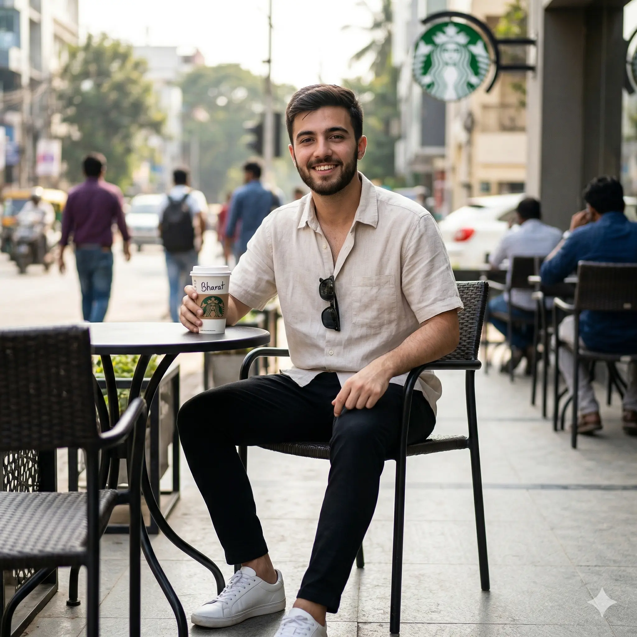AI image generation of a smiling young man at a cafe, created using Nanobanana prompts by AI Marketing and Digital Marketing expert Mahendra.